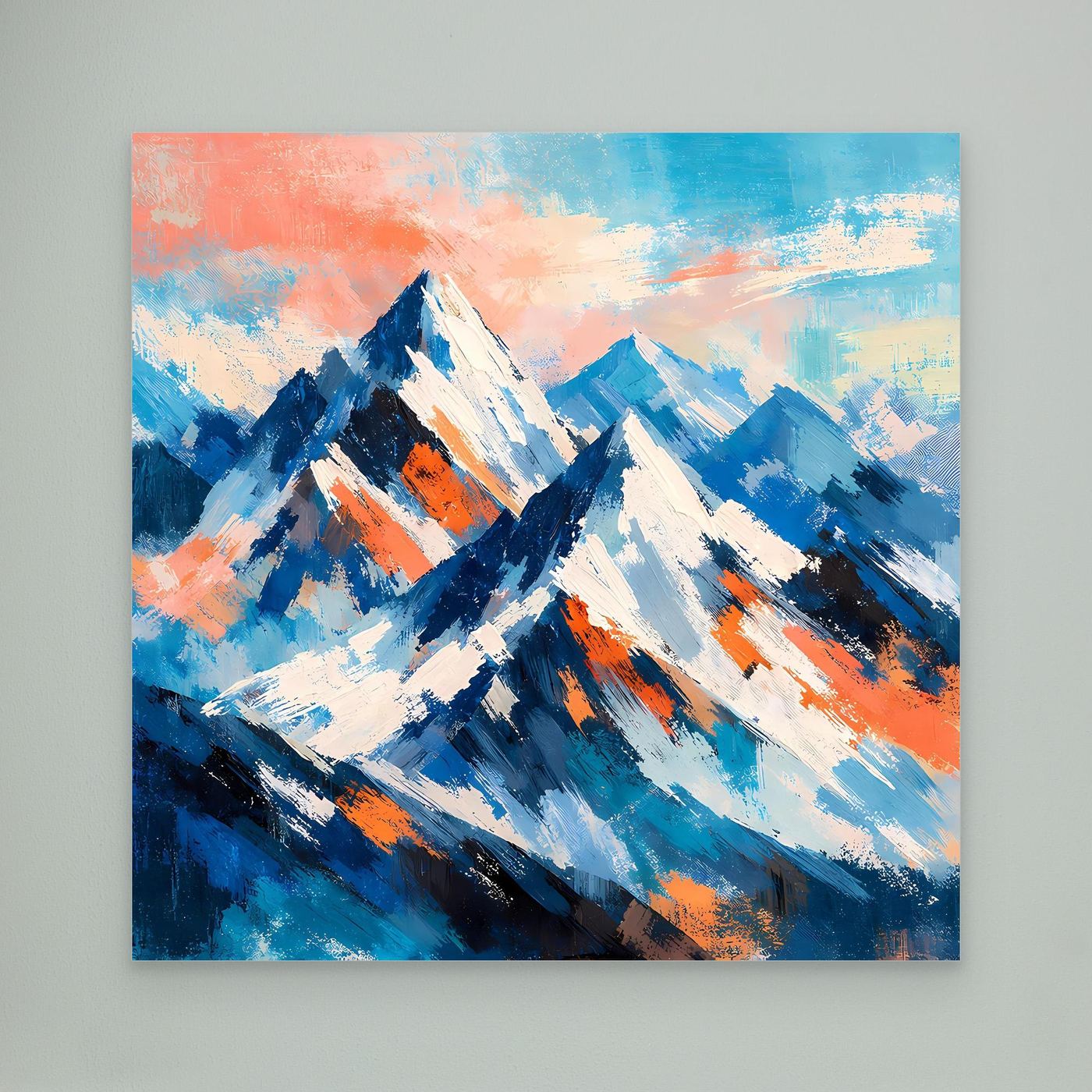 Abstraktes Leinwandbild Schneeberge in Blau, Weiß und Orange