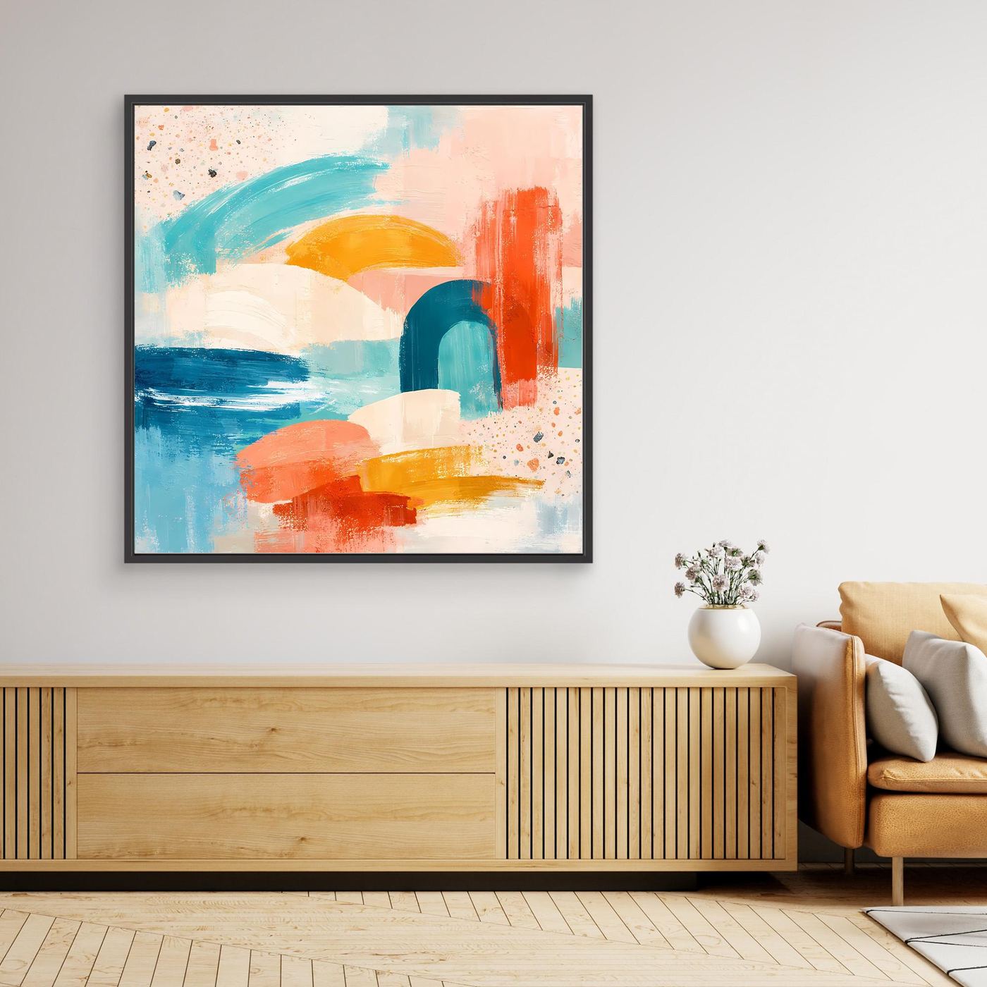 Pastel abstract canvas wall art with black frame and colorful layered shapes