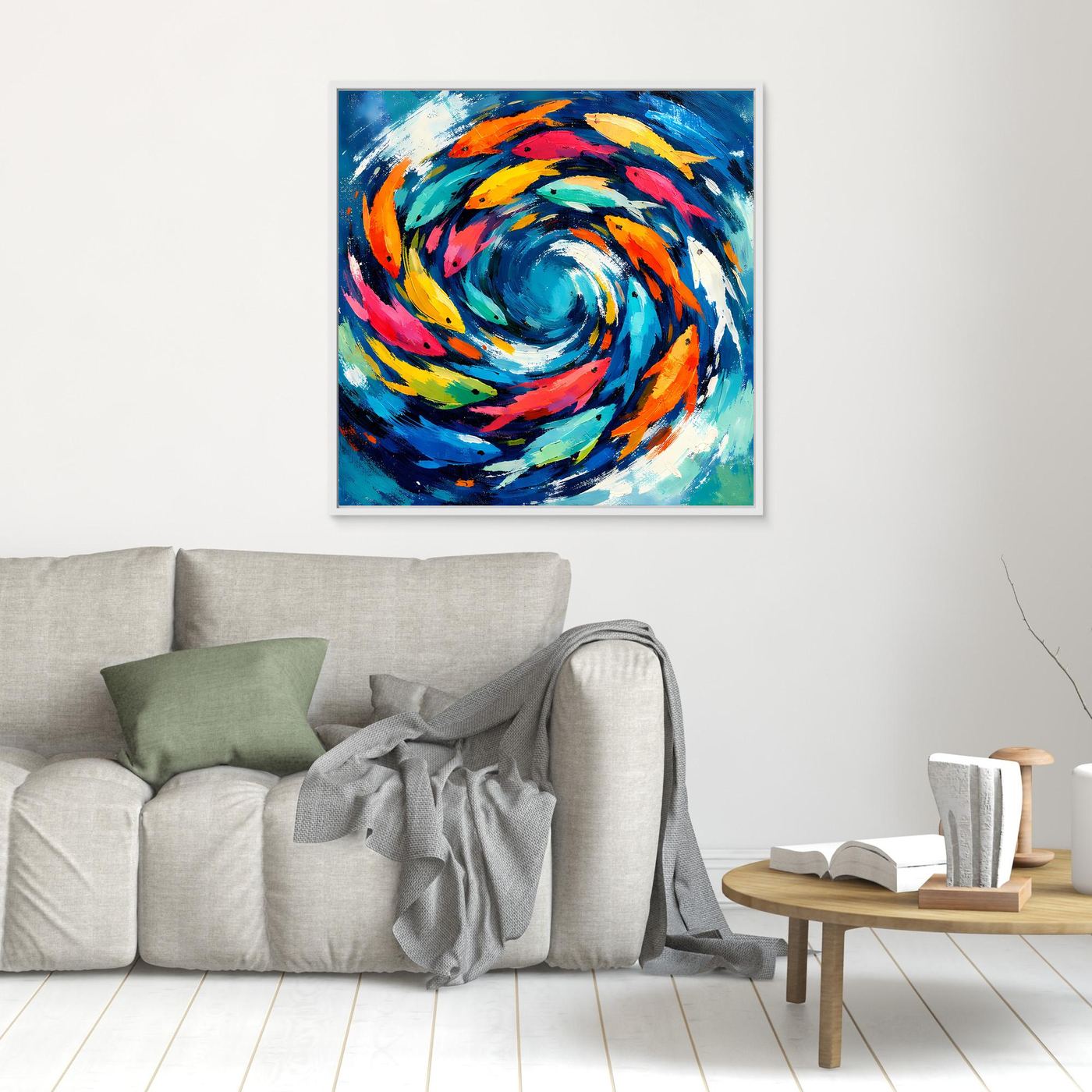Leinwand Dynamischer Fischschwarm im Strudel | Abstraktes Ozean & Meer Wandbild