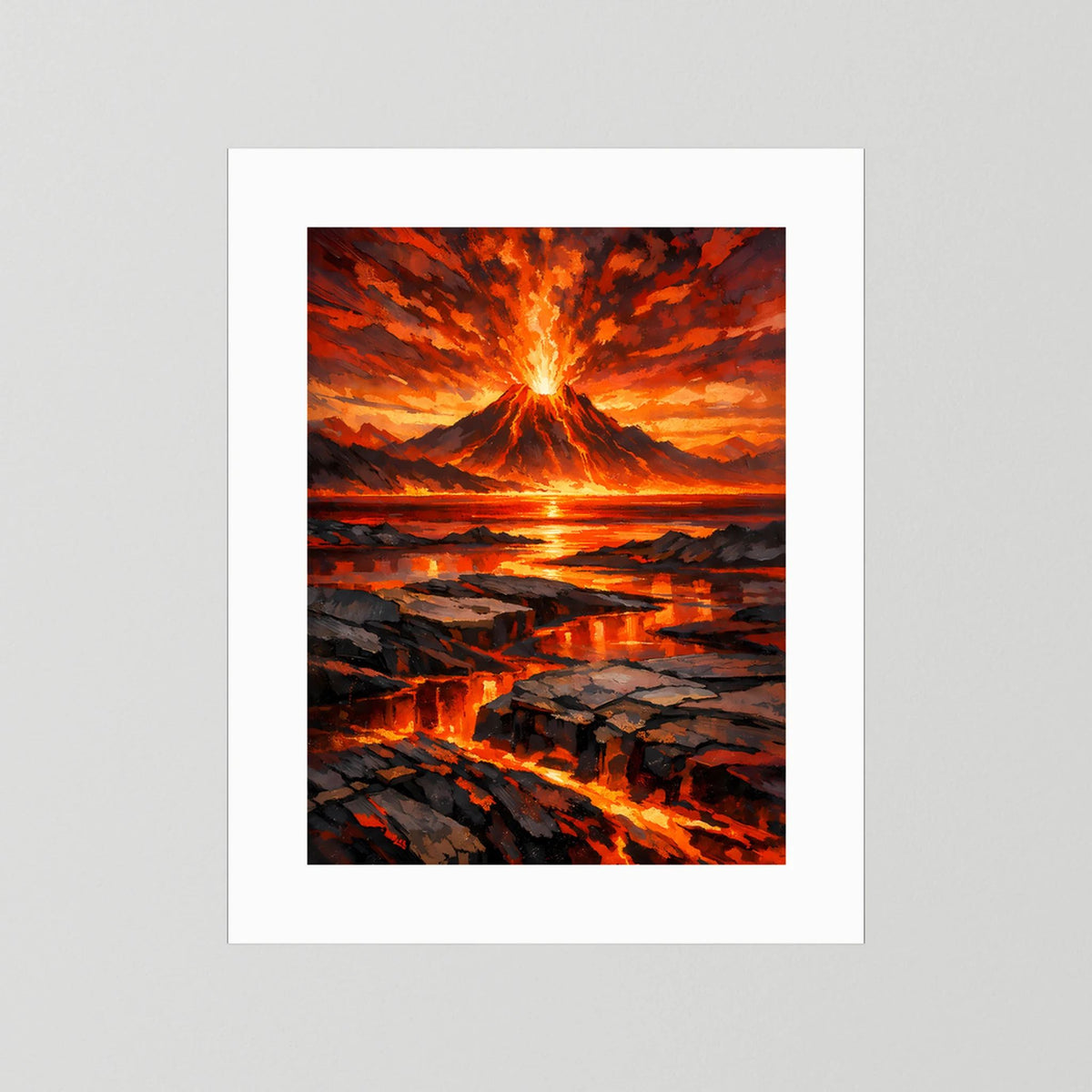 Hochformat-Poster ohne Rahmen: weißes Passepartout mit Vulkan und Lavaflüssen