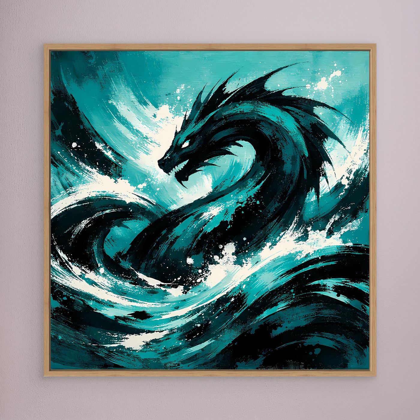 Wandbild mit Seeungeheuer in türkisblauer Welle, goldener Holzrahmen