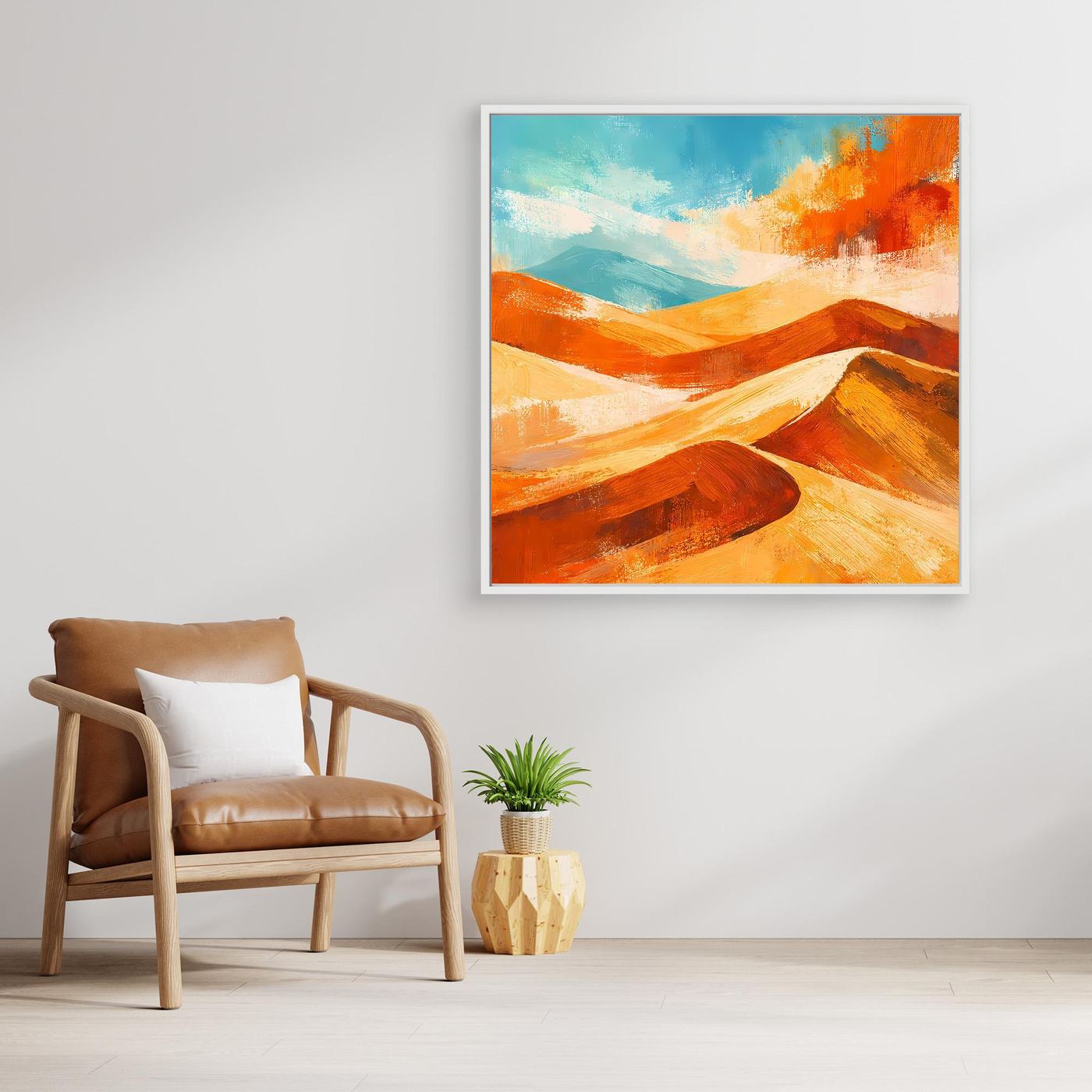 Abstract desert landscape canvas wall art with orange and gold dunes and a white frame