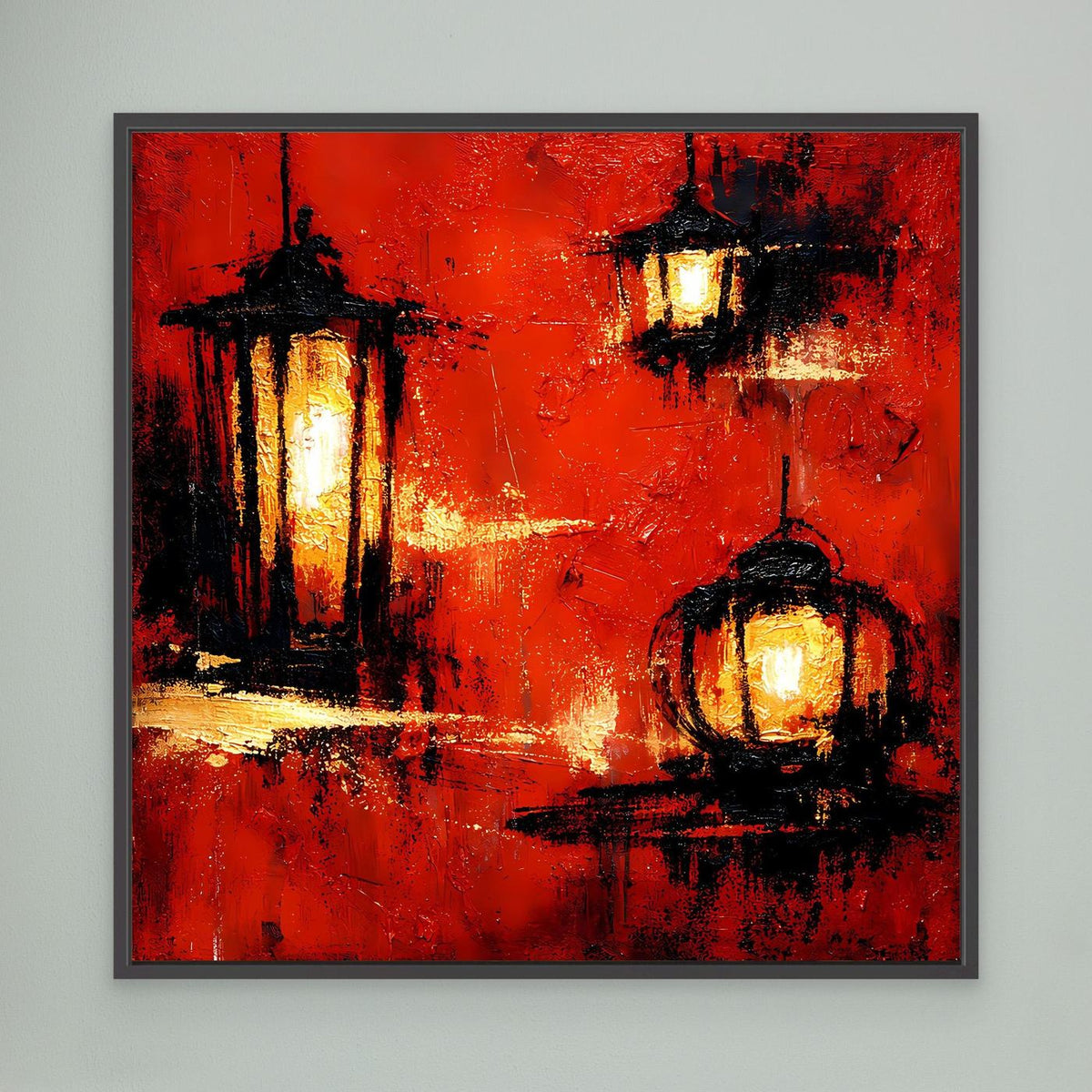 Wandbild mit roten Laternen und warmem Licht, abstraktes Ölgemälde, dunkel gerahmt