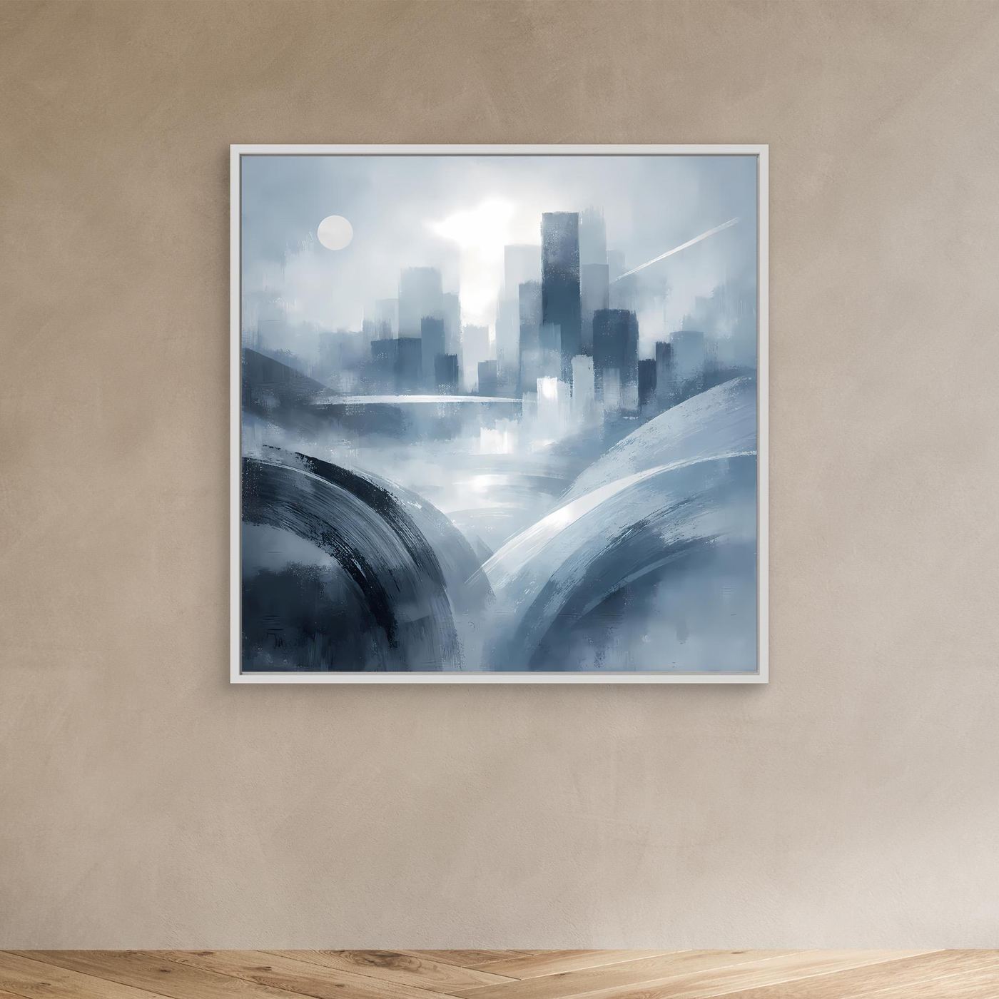Kleines Leinwandbild abstrakte Skyline in Blau-Grau mit weißem Rahmen