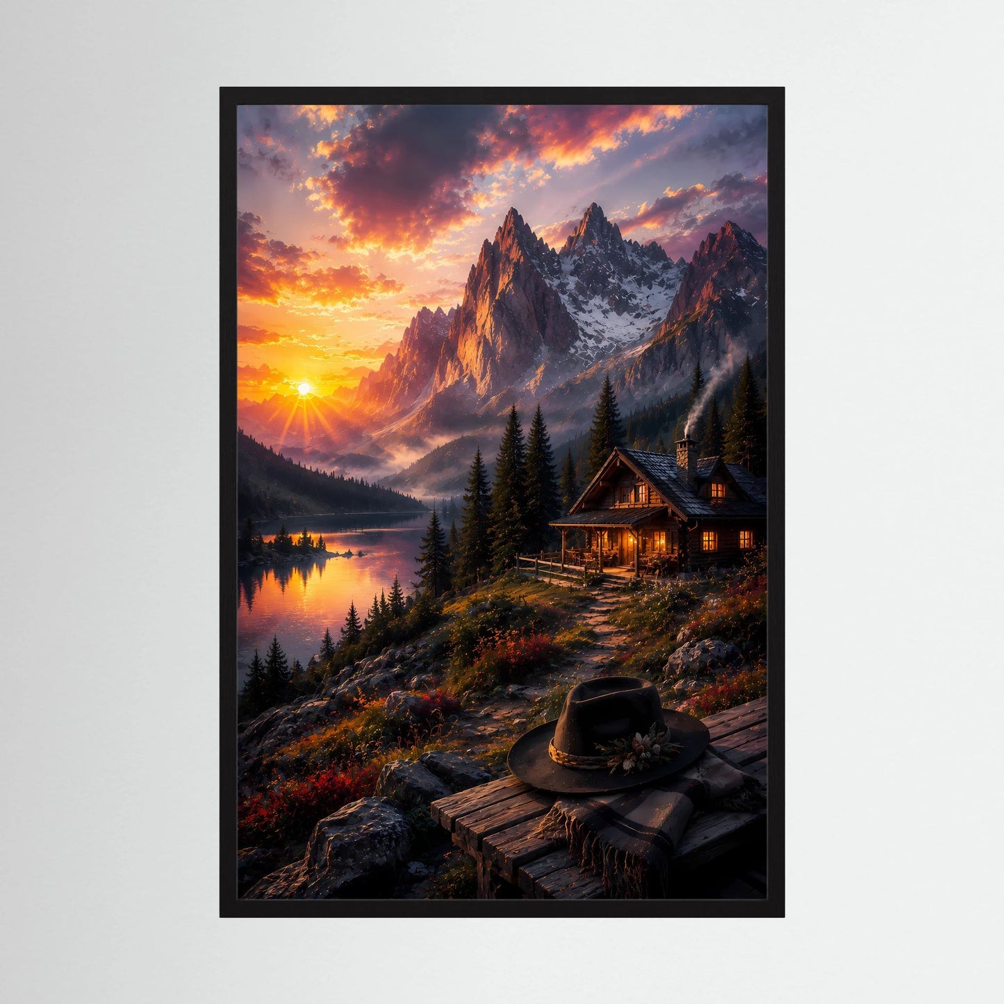 Poster mit Alpenlandschaft bei Sonnenuntergang, Berge, See und Hütte im schwarzen Rahmen