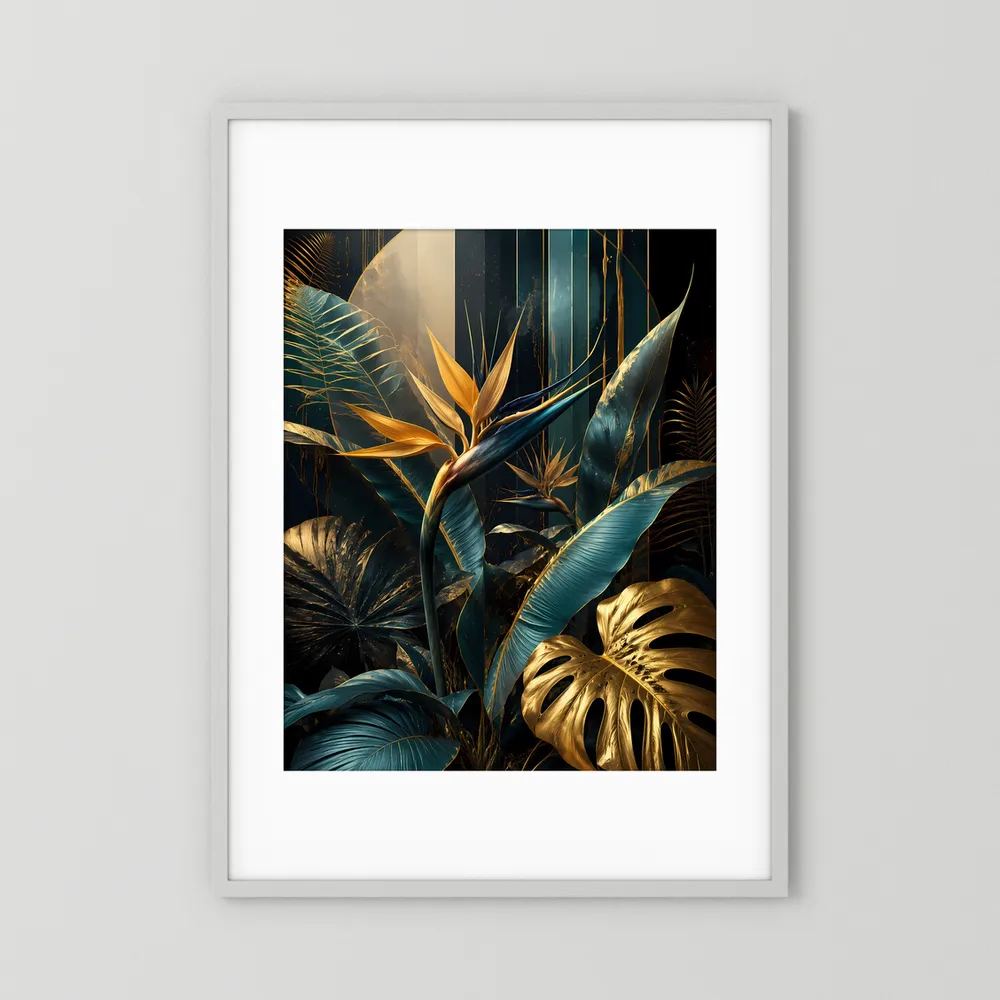 Gerahmtes Poster mit tropischen Blättern in Petrol und Gold, weiße Rahmung