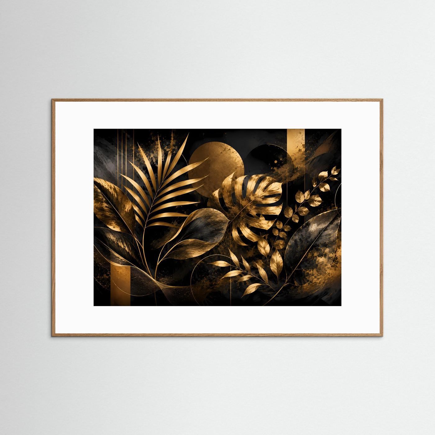 Gerahmtes Querformat-Poster mit tropischen Blättern in Schwarz und Gold, brauner Rahmen