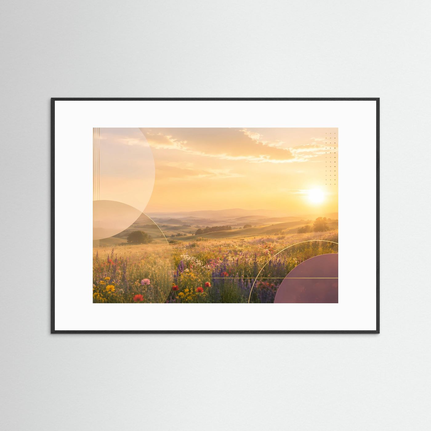 Blühende Sommerwiese im Goldenen Sonnenuntergang | Romantische Landschaft mit Wildblumen, sanften Hügeln und warmem Abendlicht | Moderne Natur Wandkunst im Querformat