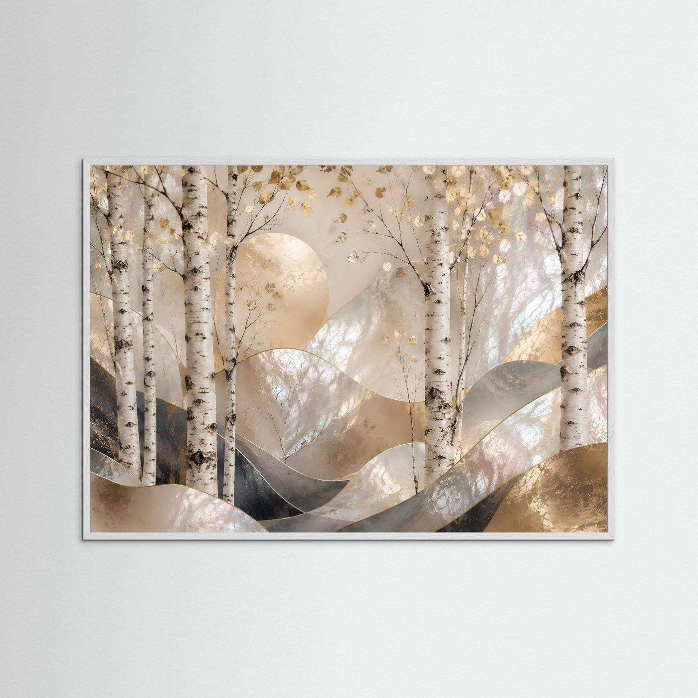Querformat-Poster Birkenwald in Perlmutt und Gold, weißer Holzrahmen, Landschaft.