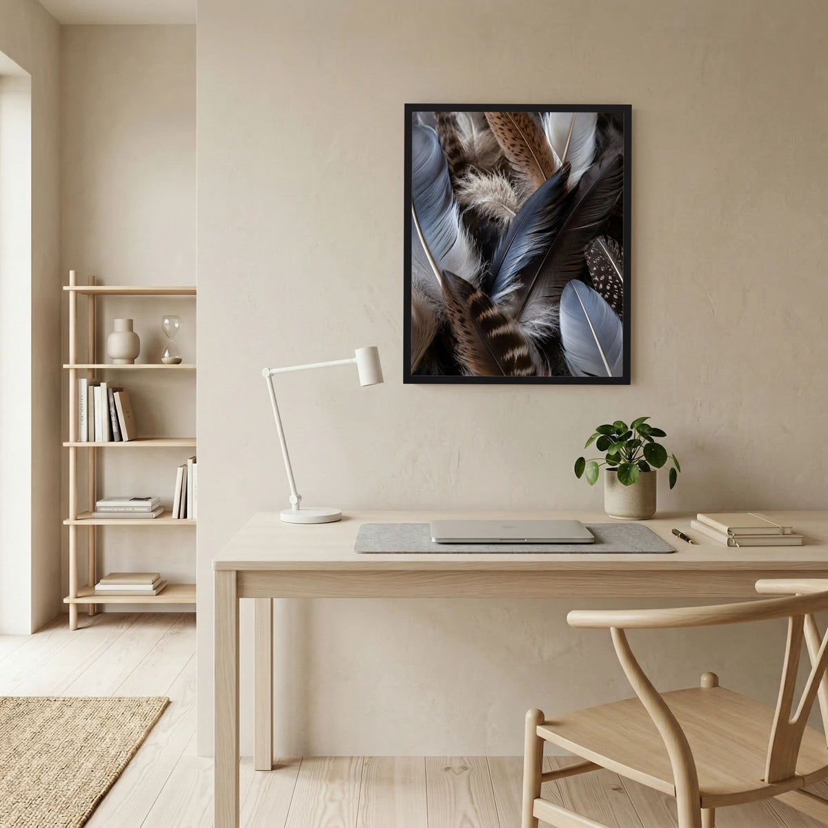 Kunstposter mit Federcollage im schwarzen Rahmen am Homeoffice-Arbeitsplatz