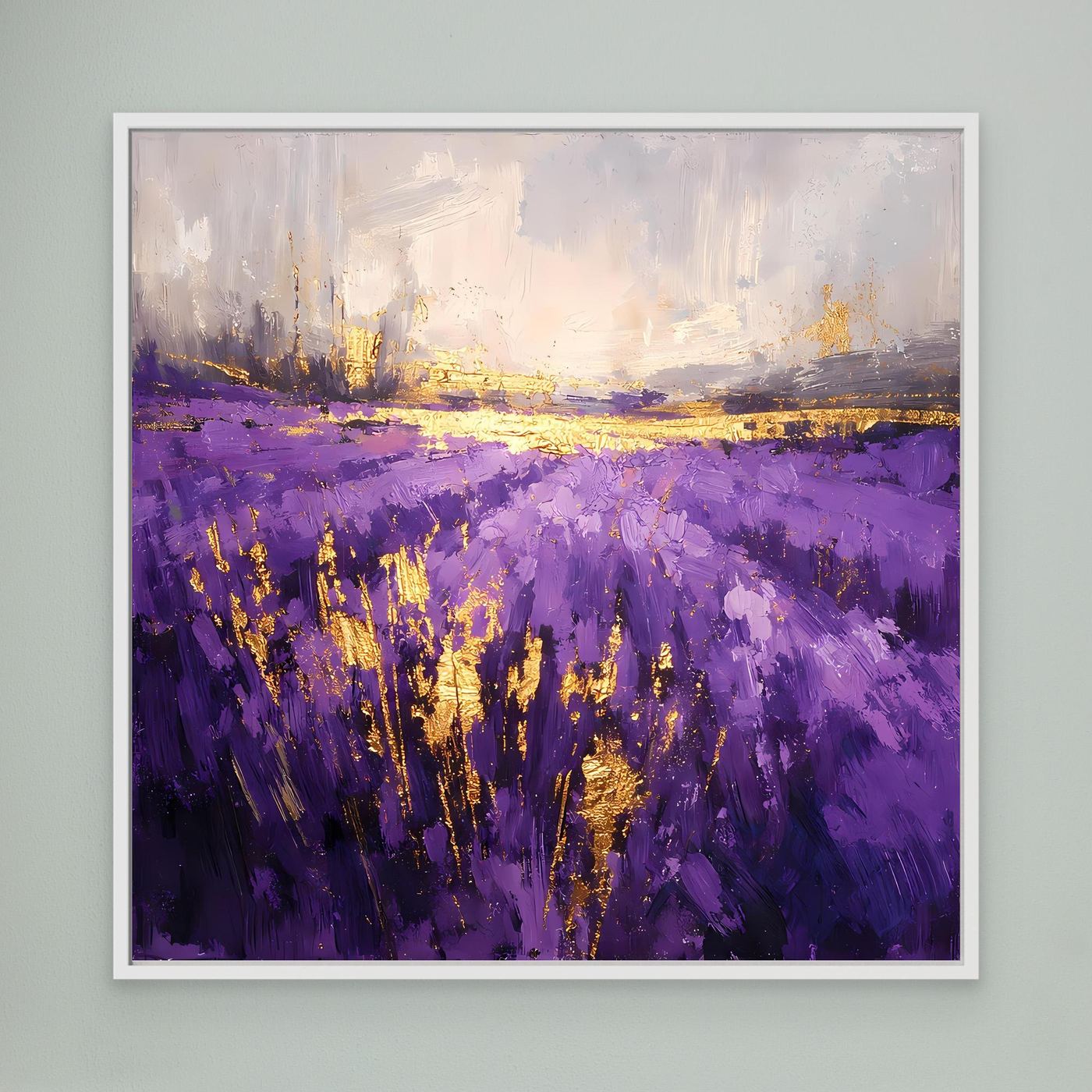 Leinwandbild Lavendelfeld abstrakt in Violett, goldene Akzente, weißer Rahmen, quer