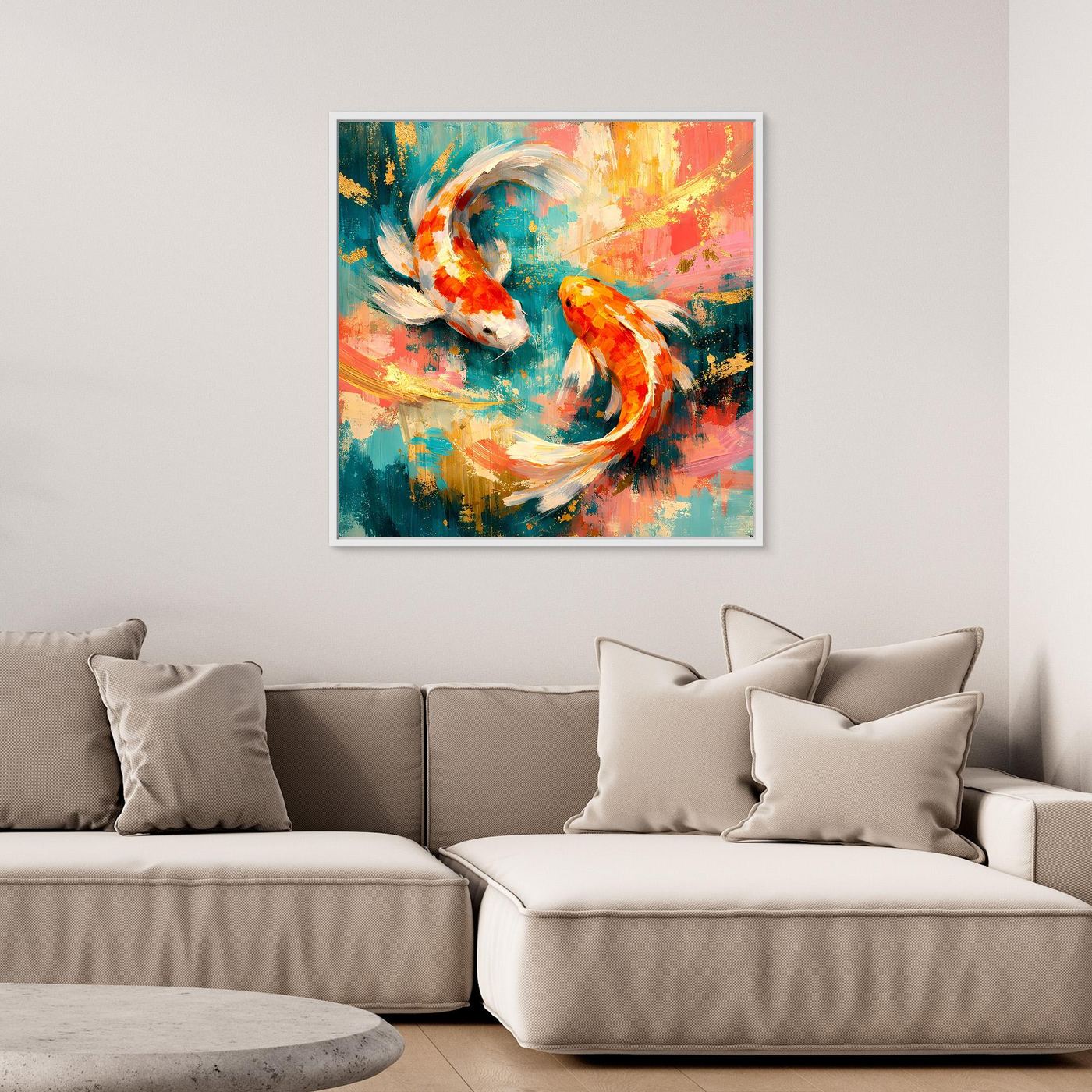 Abstraktes Leinwandbild mit Koi-Fischen, mit hellem Rahmen, Blau, Orange und Gold