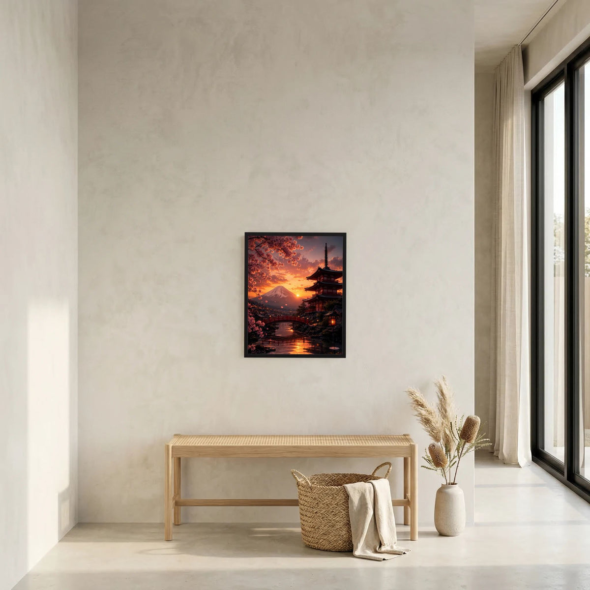 Gerahmtes Poster (Hochformat) mit japanischem Tempel, Wasser und Kirschblüten bei Sonnenuntergang