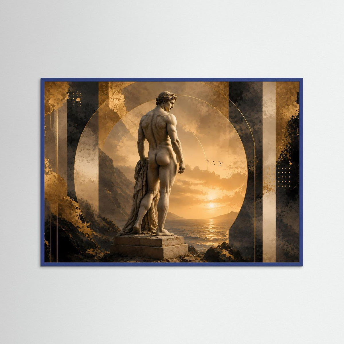 Poster mit blauem Holzrahmen und antiker Männerstatue auf Sockel in Gold und Dunkel