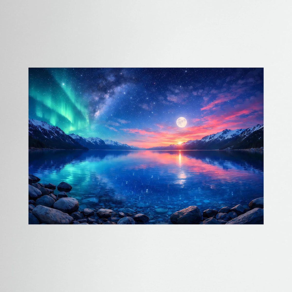 Querformat-Wandbild mit Polarlicht, Mond über ruhigem See und Felsufer in Blautönen