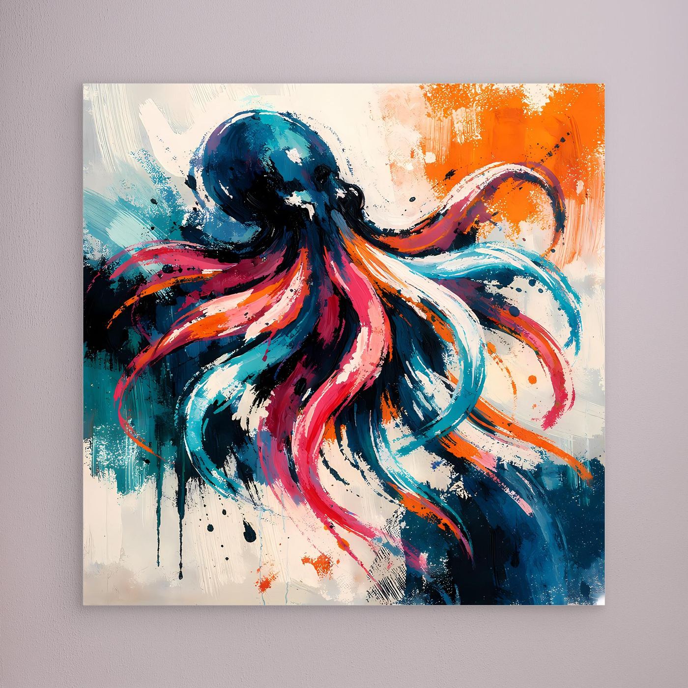 Leinwand Dynamischer Oktopus im Farbenmeer | Abstraktes Krake Wandbild