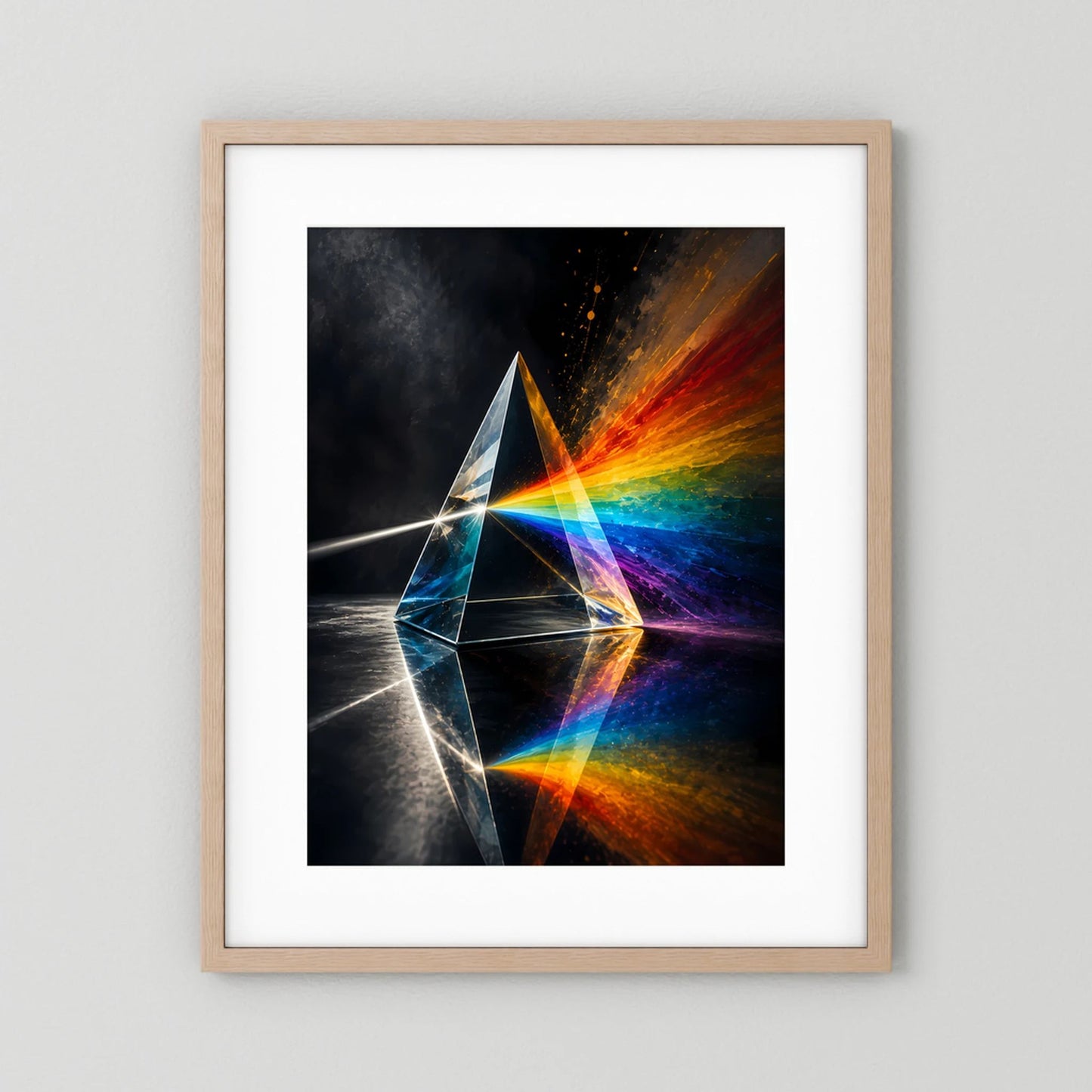 Poster im hellen Holzrahmen mit prismatischem Regenbogen-Lichtspektrum