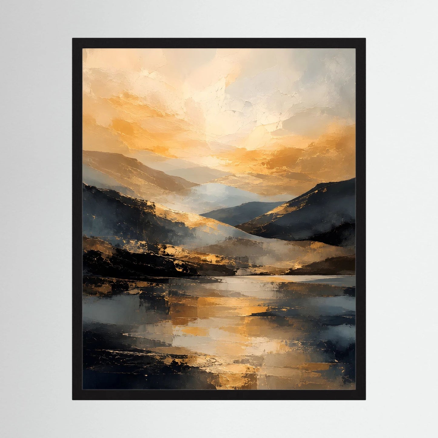 Kunstposter (Hochformat) mit abstrakter Berglandschaft in Gold, Schwarz und Creme, schwarz gerahmt.