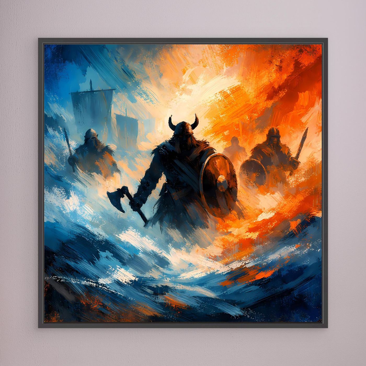 Wandbild mit Wikinger-Kriegern im Sturm, Blau-Orange, mit schwarzem Rahmen