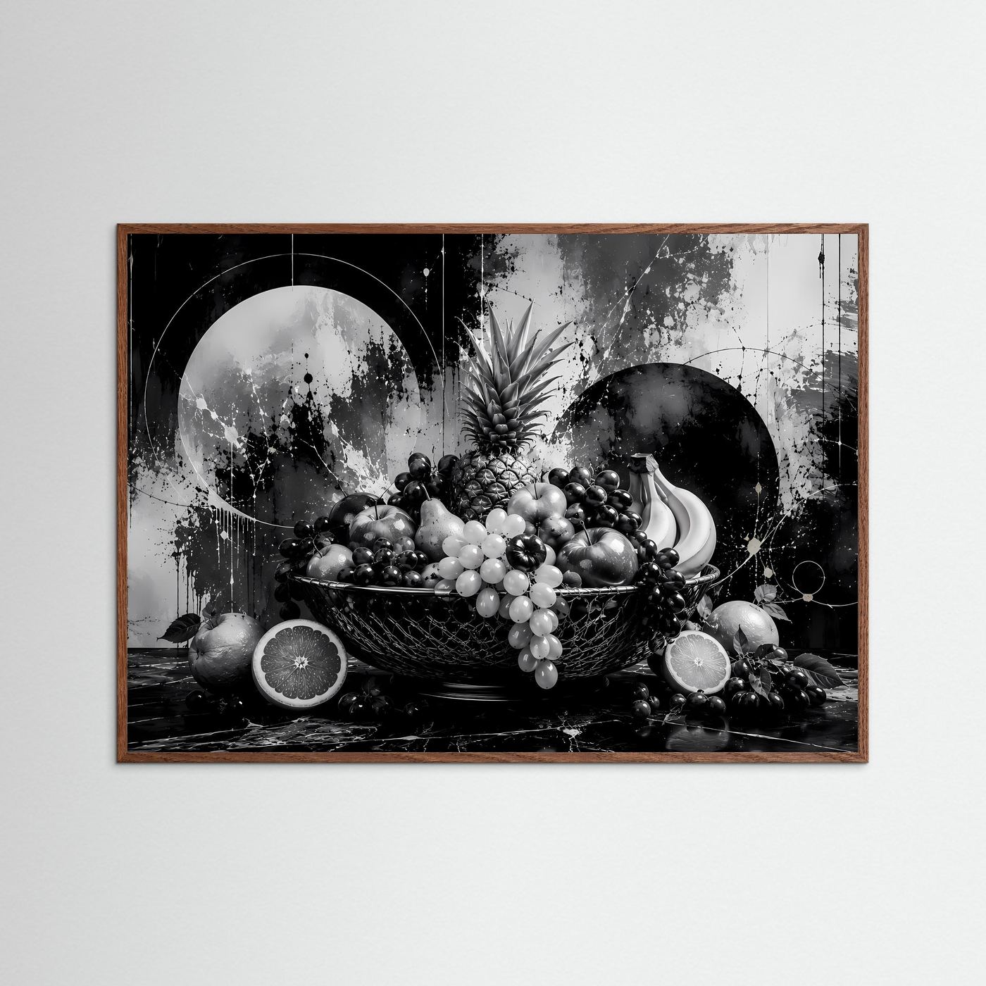 Abstrakte Obstschale in Schwarz-Weiß | Modernes Stillleben Poster Querformat