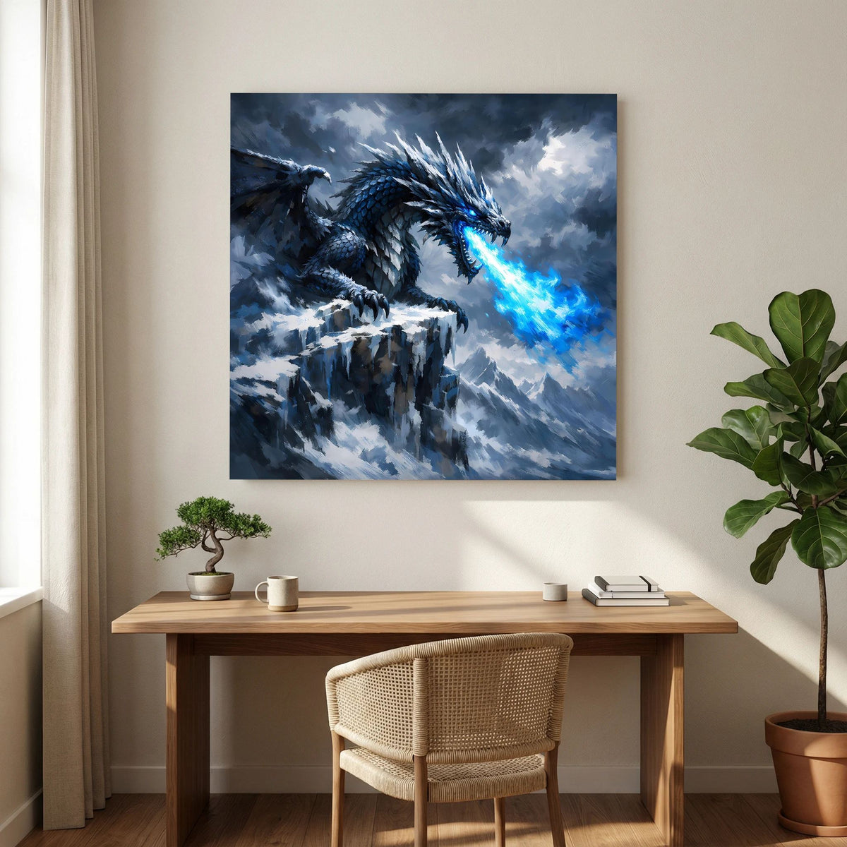 Fantasy-Leinwandbild an der Wand: blauer Eisdrache auf Gipfelfelsen mit Eisstrahl