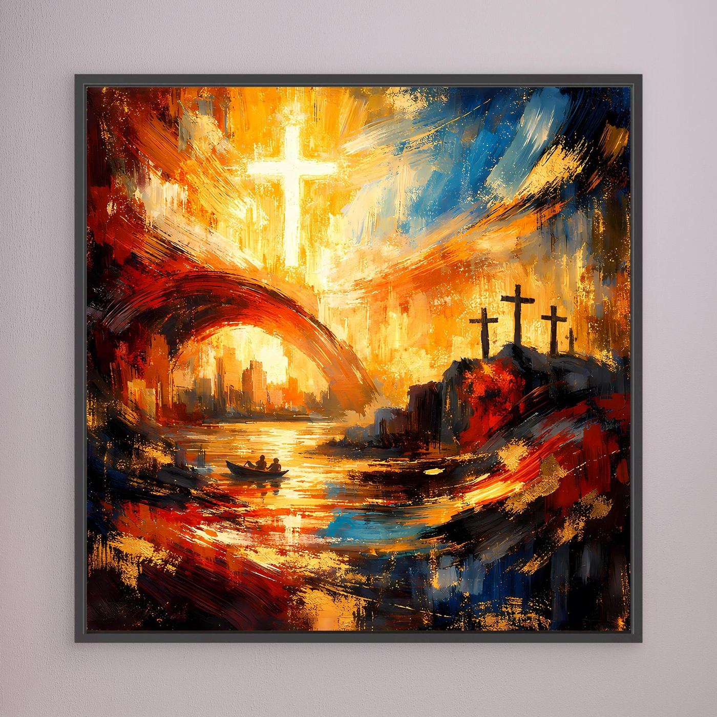 Leinwandbild mit goldenem Kreuz, abstrakte Uferlandschaft, schwarzer Rahmen