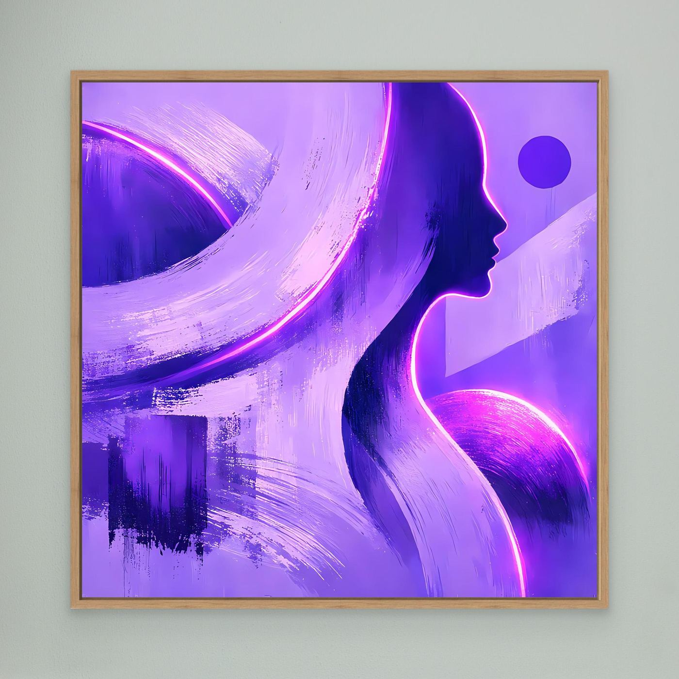 Leinwandbild mit Frauensilhouette in Lila/Blau, neonfarbener Bogenoptik und Holzrahmen