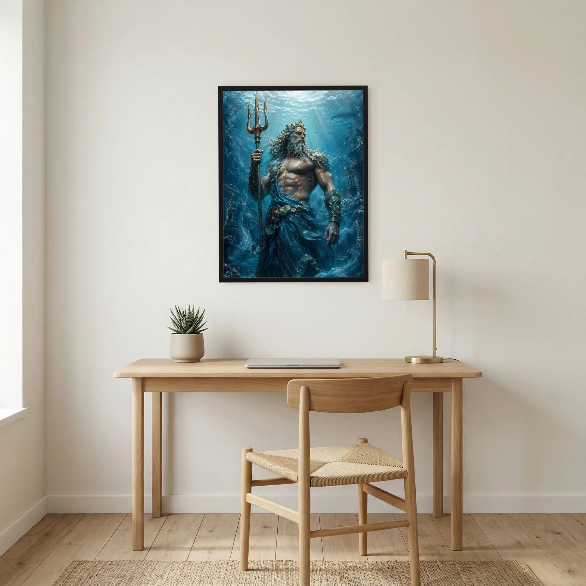 Hochformat-Poster: Poseidon mit Dreizack, Fabelwesen unter Wasser, blau-grünes Motiv