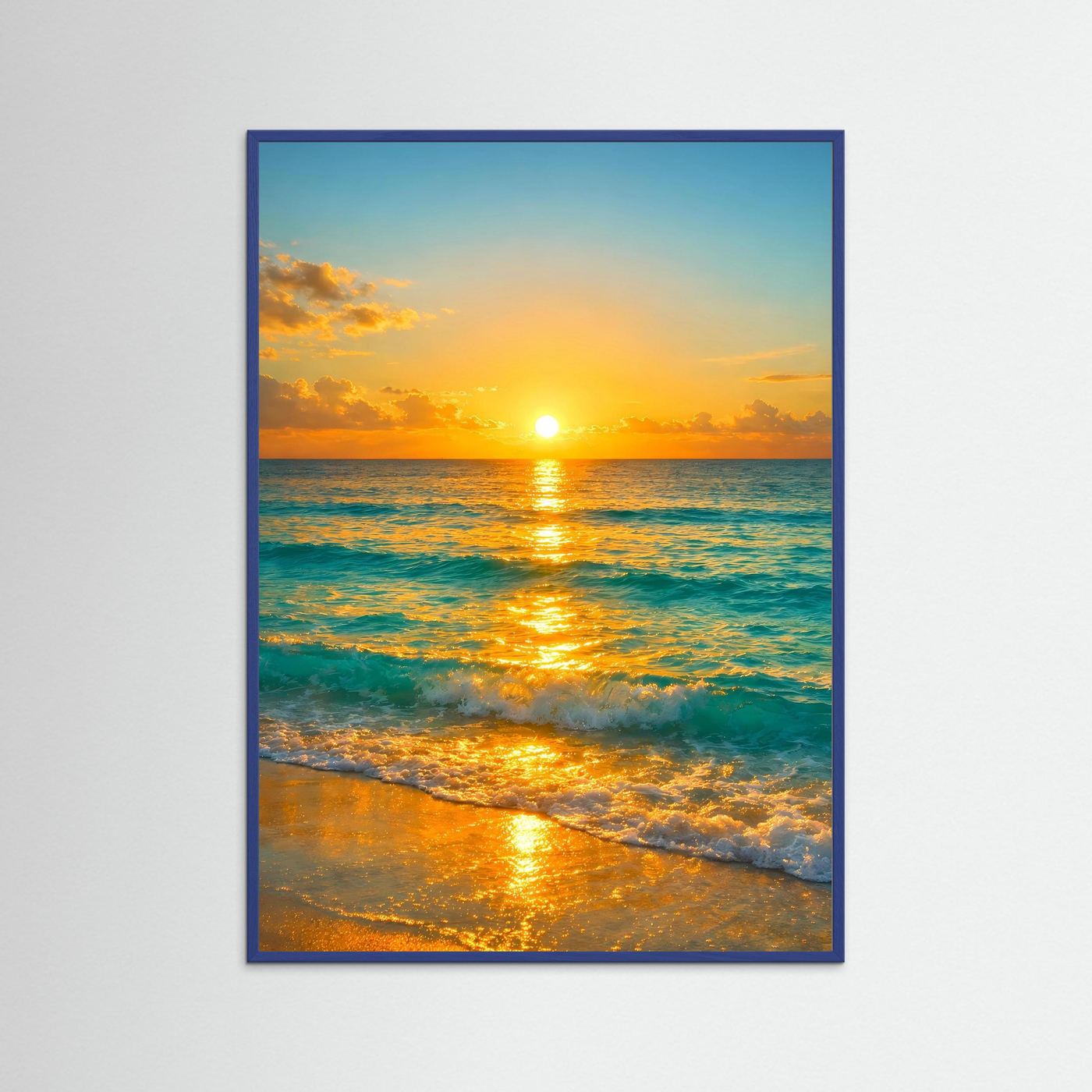 Maritimes Ozean-Poster im Hochformat mit goldenem Sonnenuntergang, blauer Rahmen