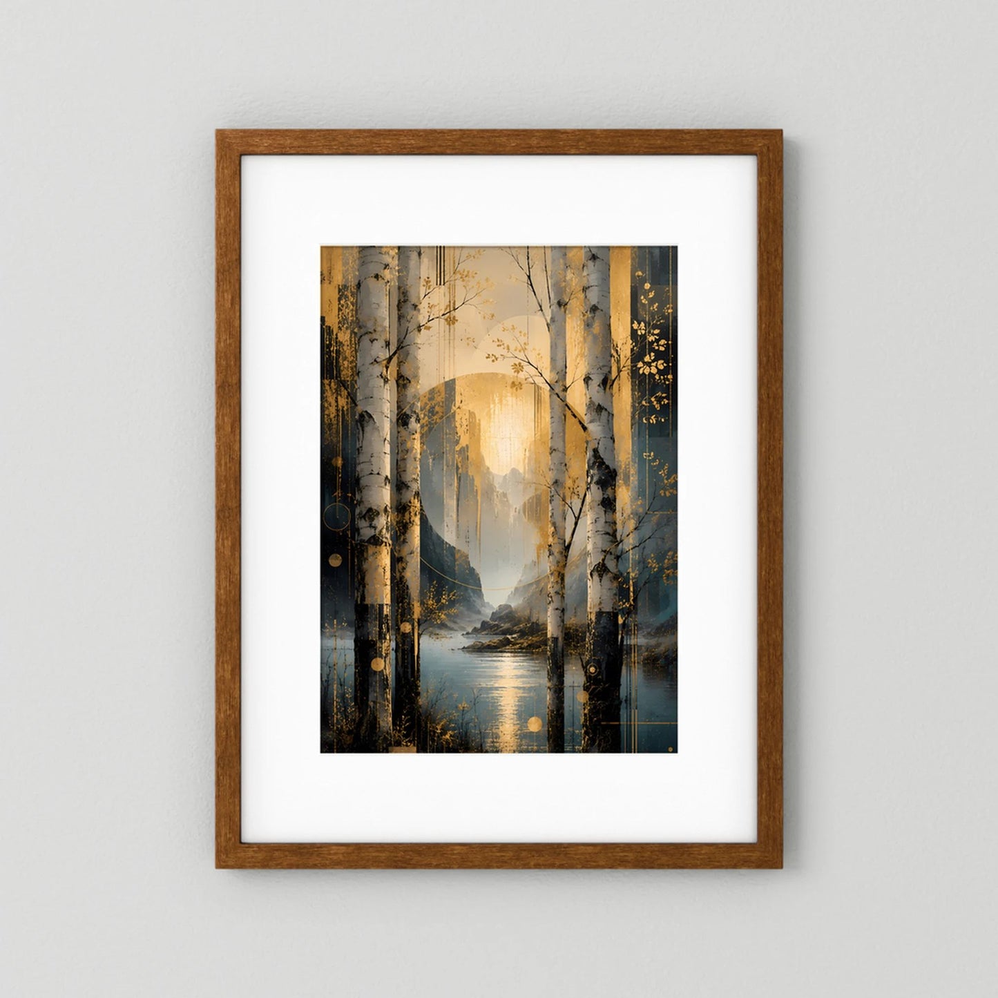 Gerahmtes Poster im Hochformat mit Birkenwald und See, goldene Akzente, petrolfarbene Tiefe