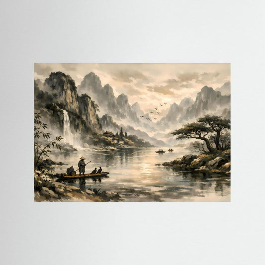 Traditionelle Asiatische Flusslandschaft | Sepia & Natur Kunst Poster Querformat