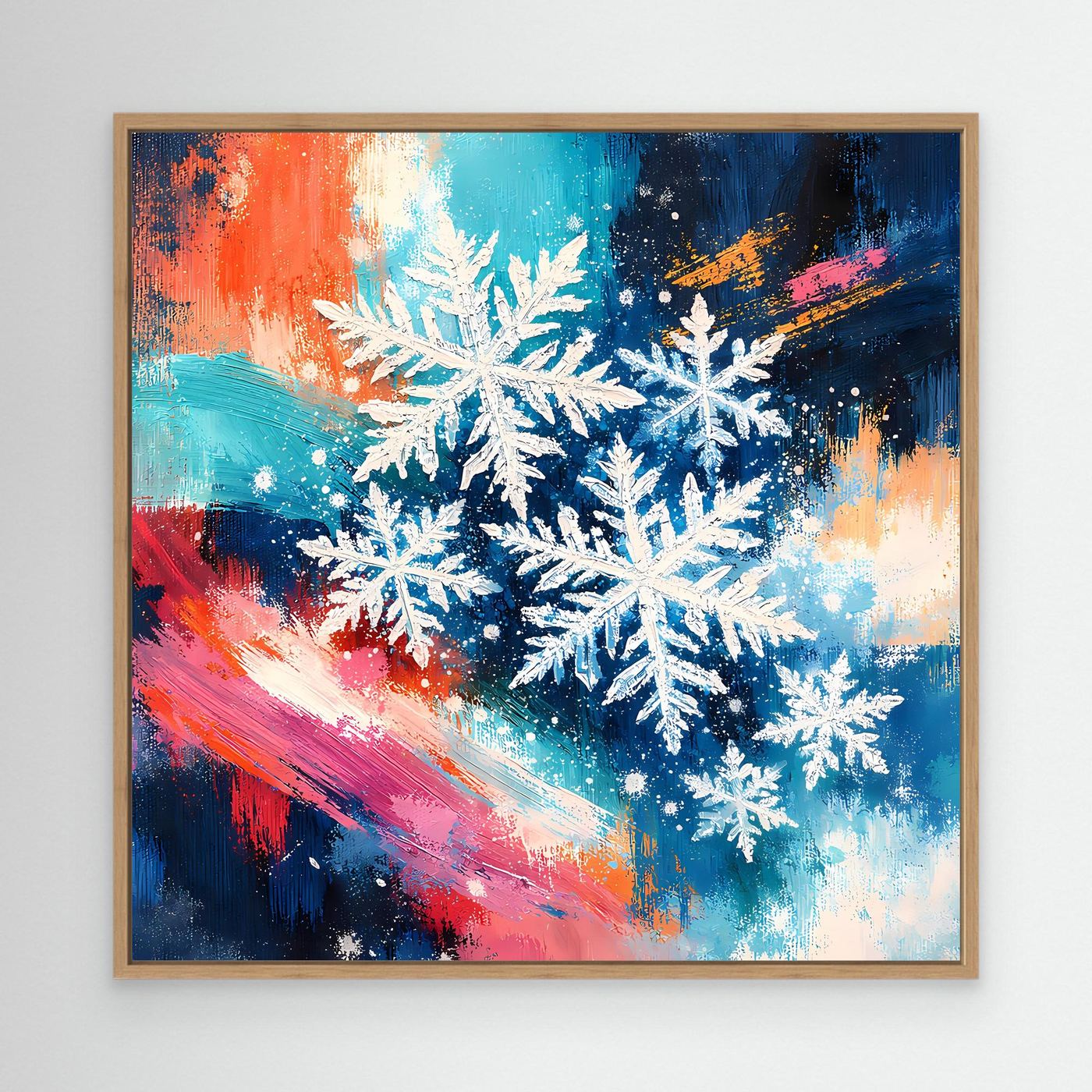 Wandbild mit weißen Schneeflocken im abstrakten Winterstil, im Eichenholzrahmen