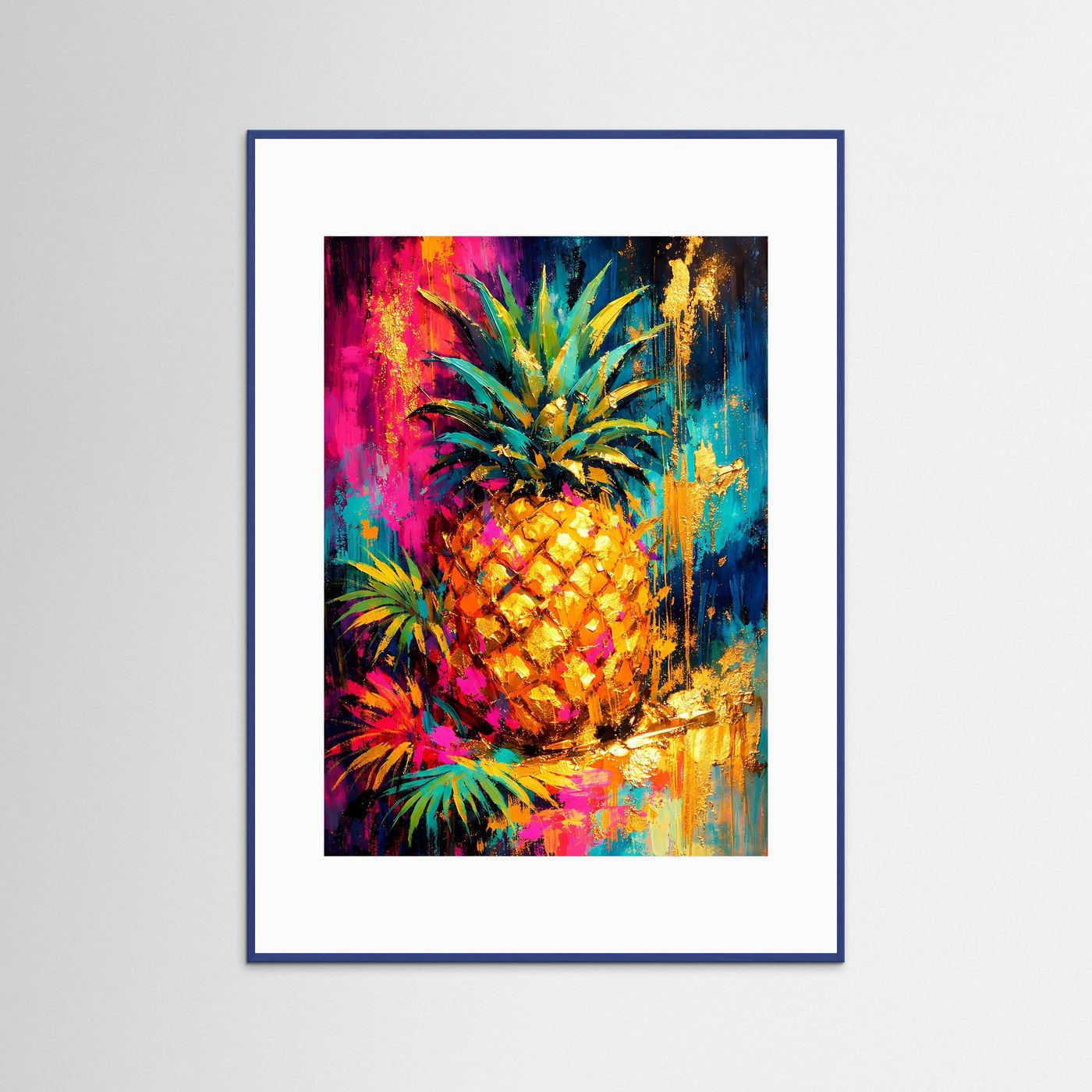 Kunstposter mit buntem Ananasmotiv, im blauem Holzrahmen