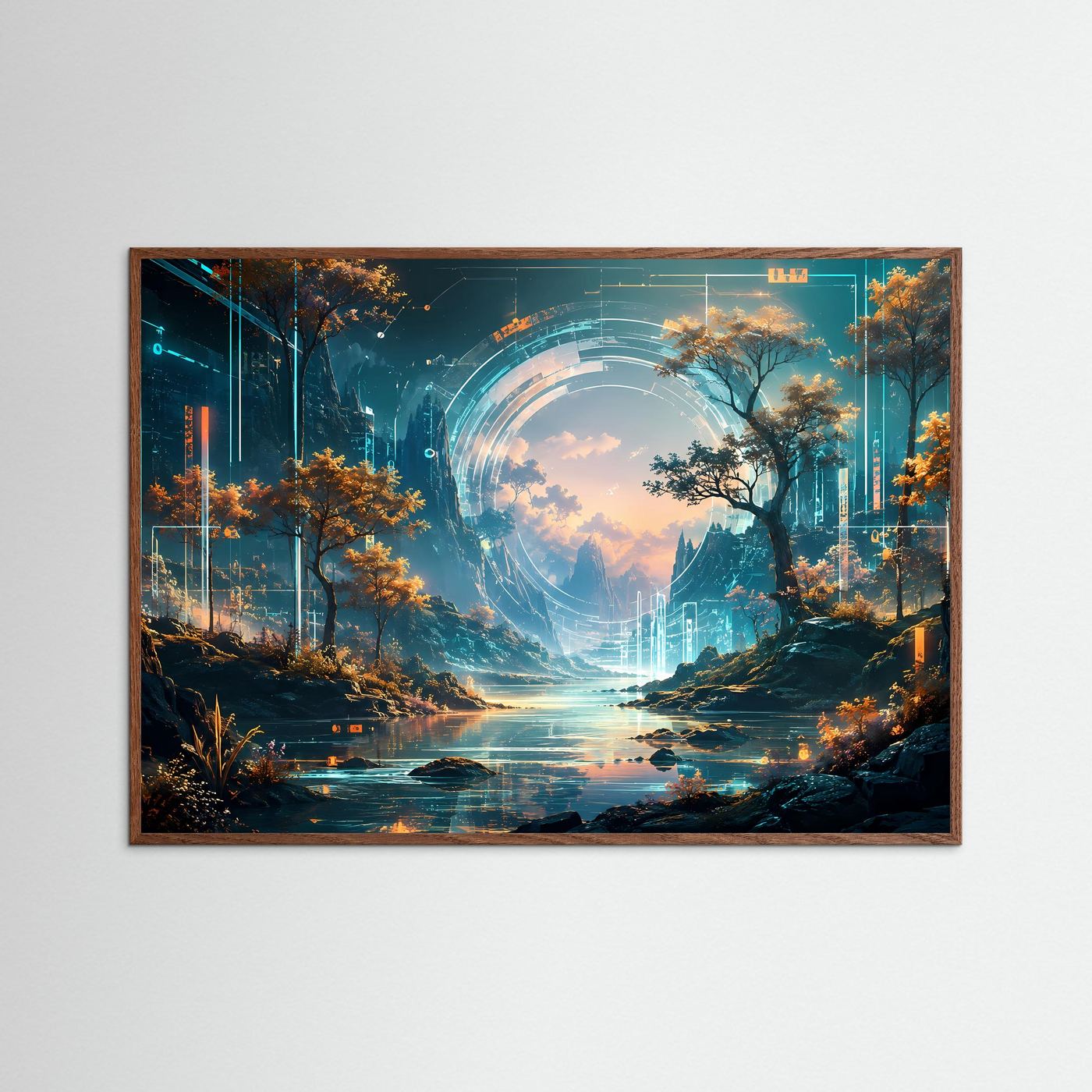 Futuristische Landschaft Poster | Sci-Fi Natur Wandkunst | Cyber Fantasy Panorama | Abstrakte Digital Art | Modernes Premium Leinwandbild