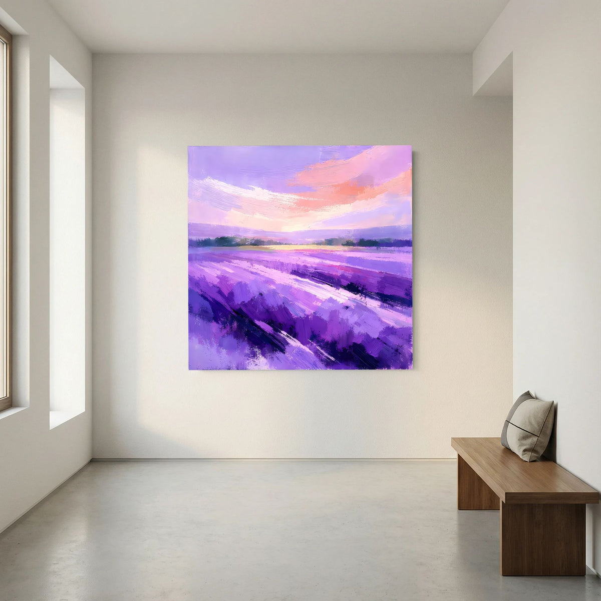Quadratisches Leinwand-Wandbild mit lila Pinselstrichen und orange-rosa Wolken am Horizont