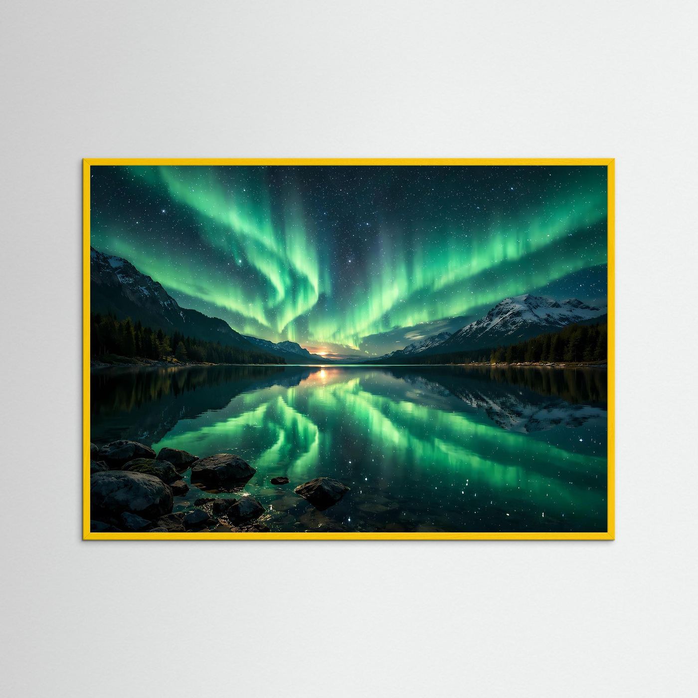 Poster mit Polarlichtern über Bergsee, grünes Leuchten, gelber Rahmen