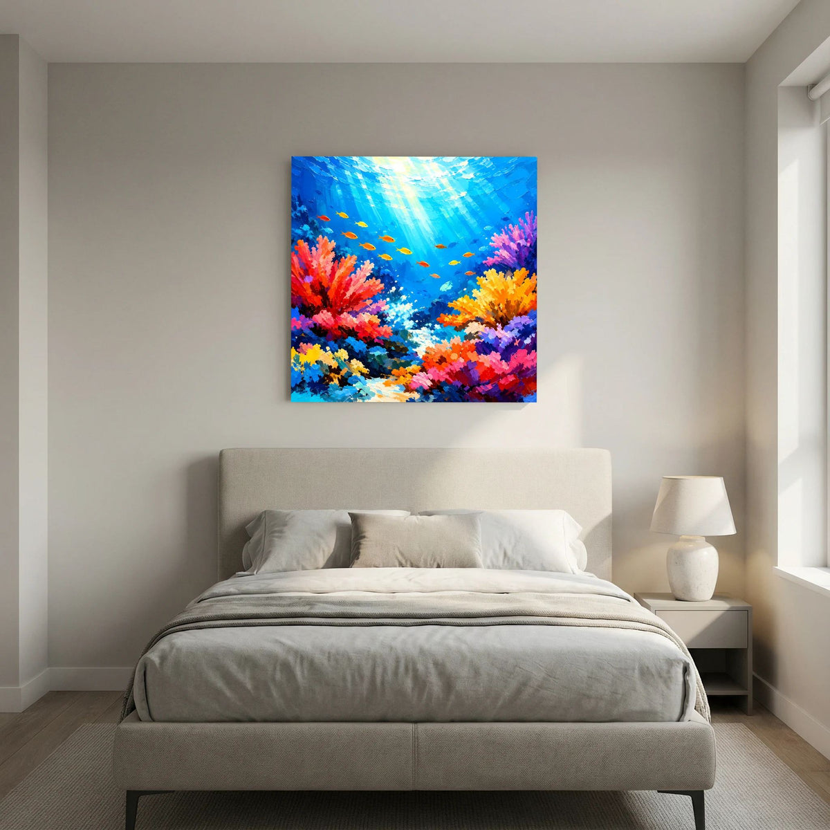 Quadratisches Unterwasser-Wandbild mit bunten Korallen und Fischschwarm im Blau