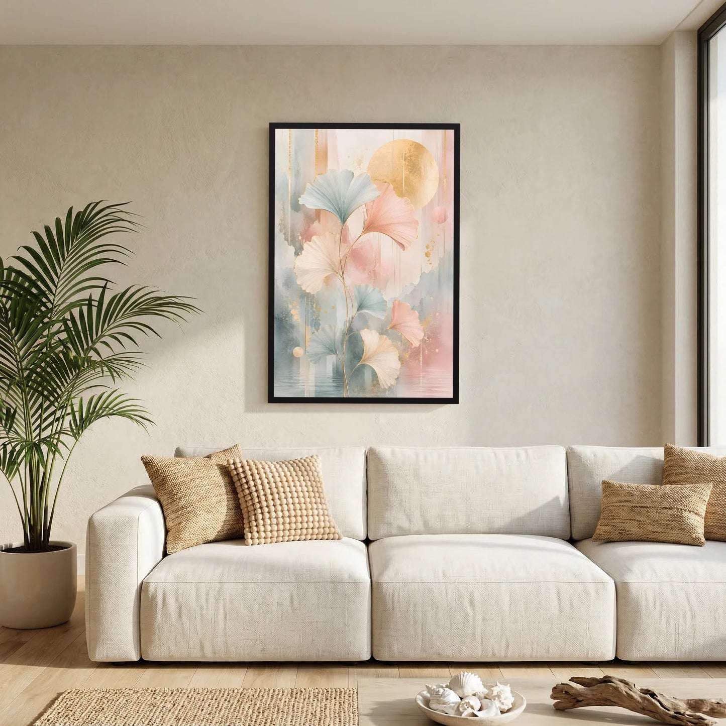 Kunstposter im Hochformat mit pastelligen Blättern in Rosa, Salbeigrün und Gold, schwarz gerahmt