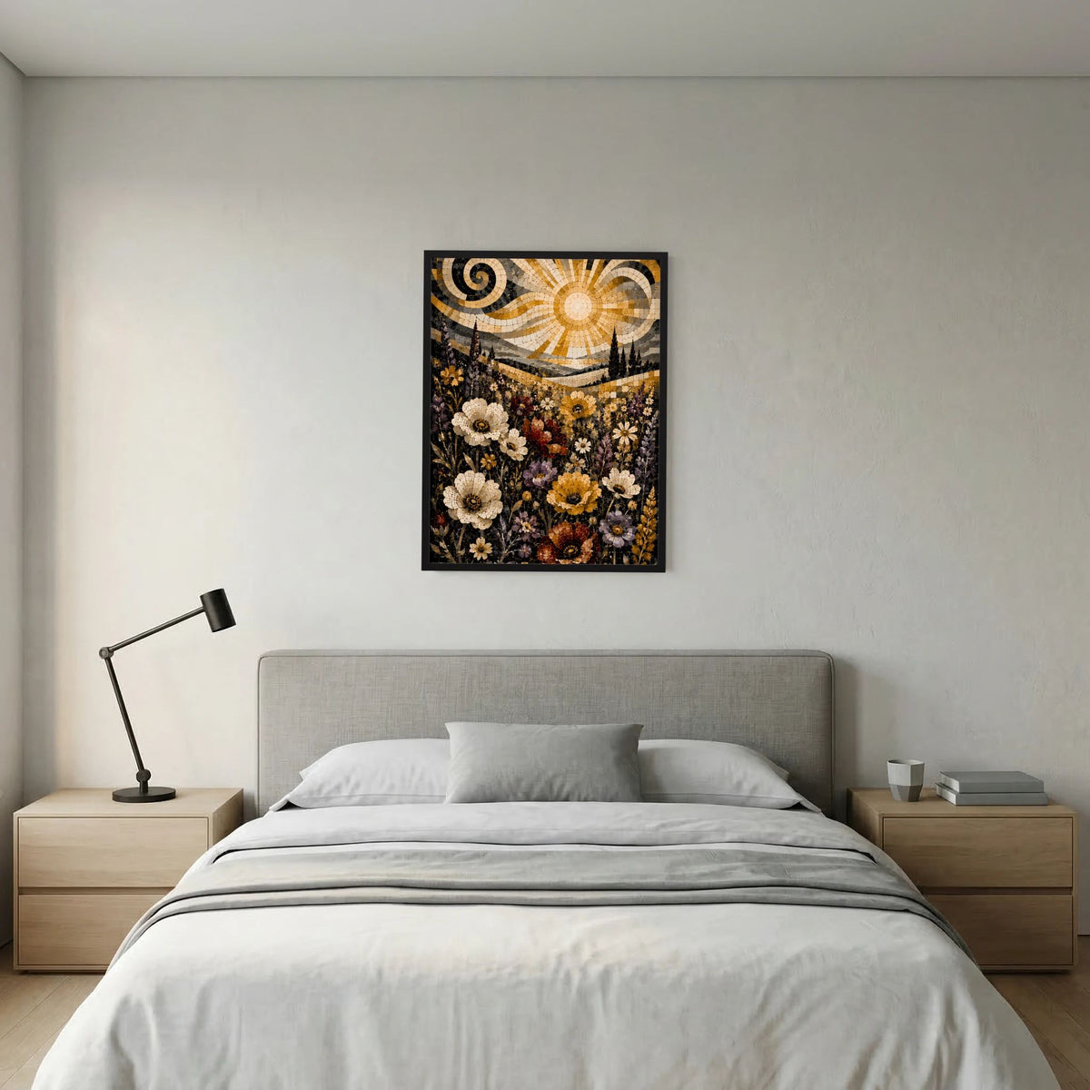 Hochformat-Poster mit Blumenwiese im Mosaik, goldener Sonne und Wirbelmustern im schwarzen Rahmen