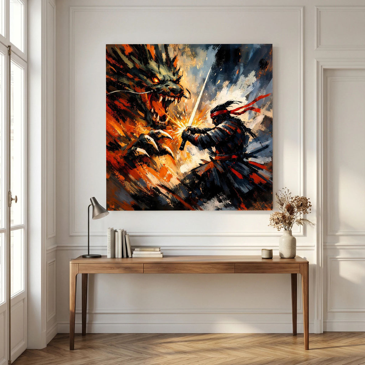 Leinwandbild: Samurai greift Drachen an, diagonale Energie-Linie und Farbwirbel in Orange