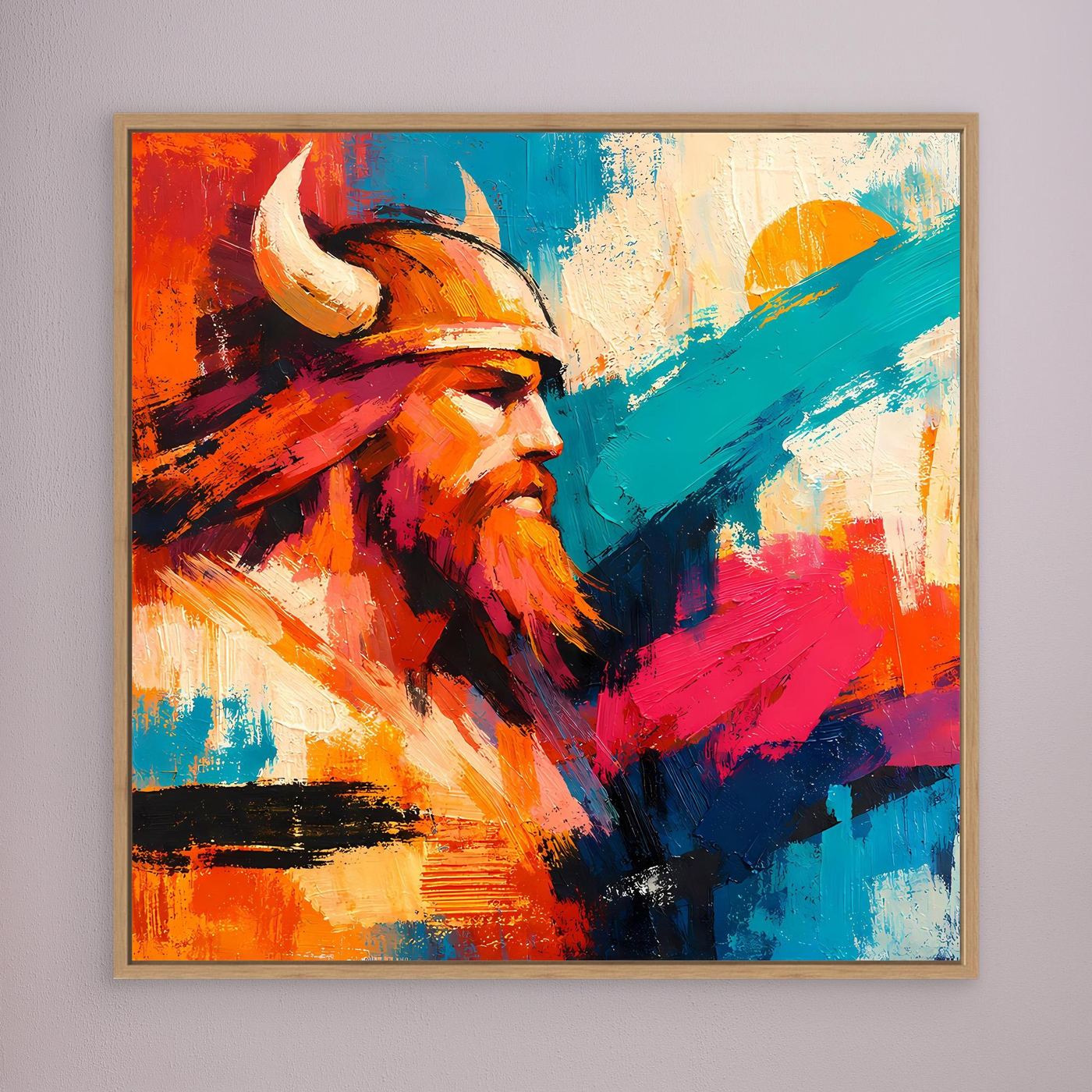 Wandbild mit abstraktem Wikingerprofil in Orange, Blau und Pink, braun gerahmt