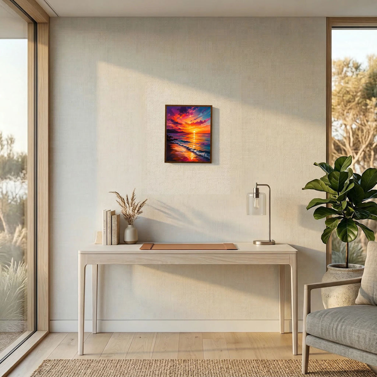 Gerahmtes Kunstposter im Hochformat mit Sonnenuntergang am Meer, kräftige Orange-Violett-Töne