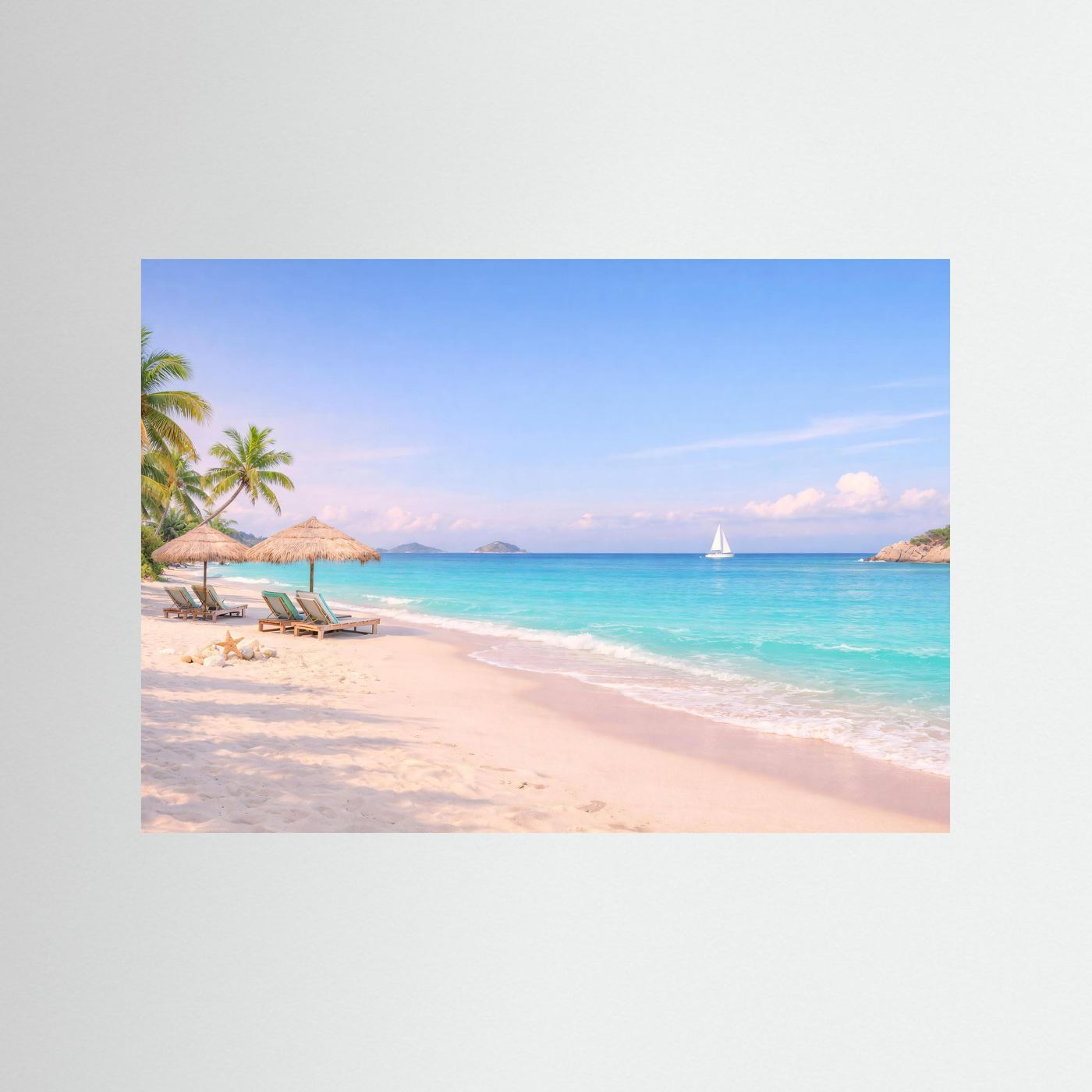Strand-Panorama-Poster mit Palmen, türkisfarbenem Meer und Segelboot