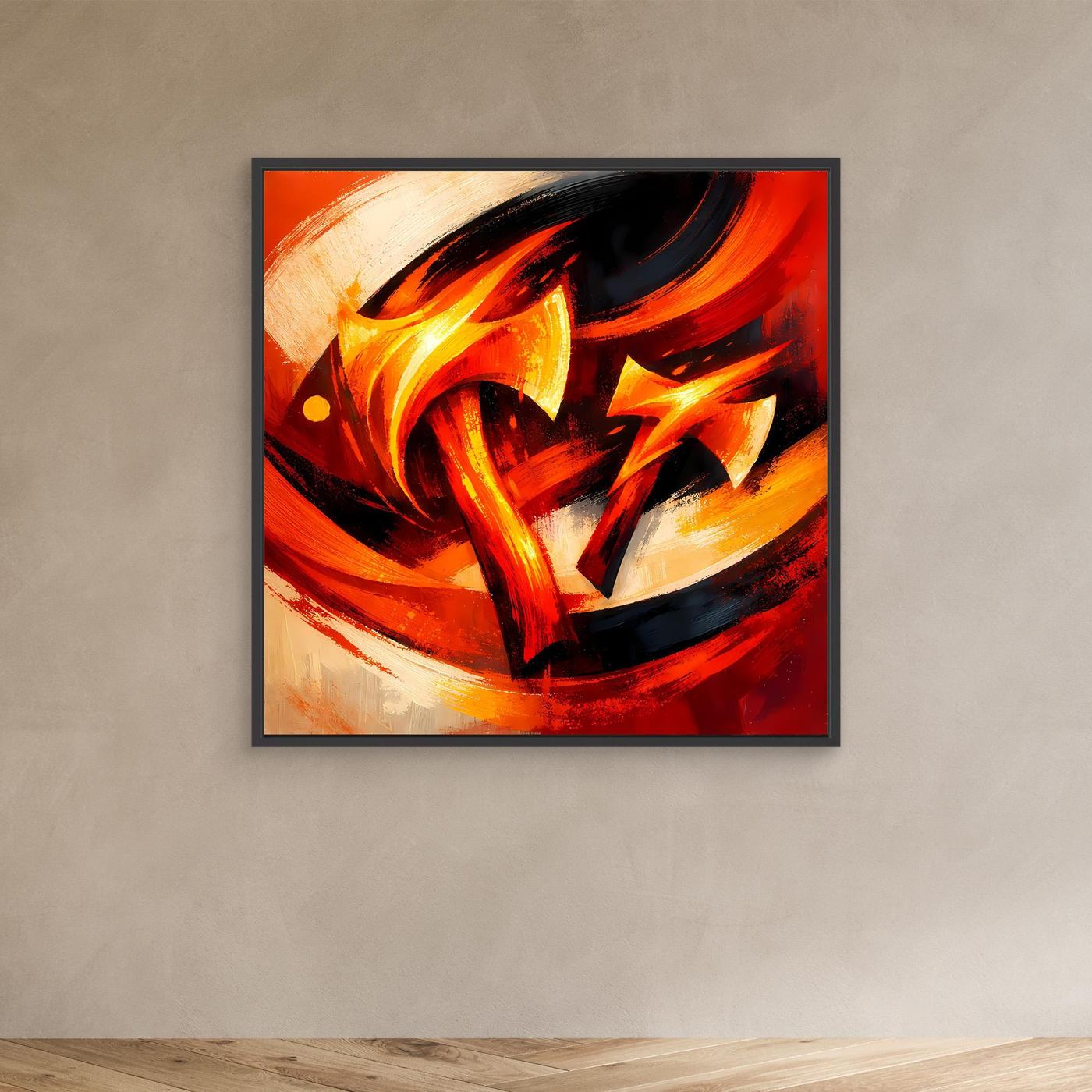 Abstraktes Leinwandbild mit gelb-orange Axt und Flammen, schwarz-rote Pinselstriche, schwarzer Rahmen