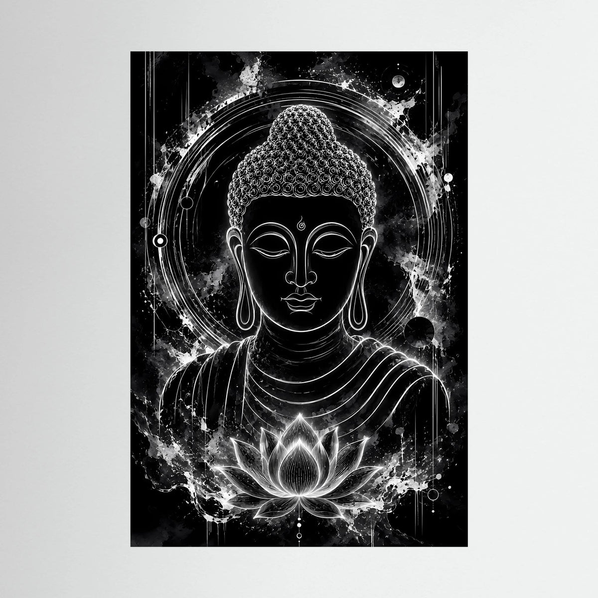 Schwarz-weißes Poster mit Buddha-Kopf, Aura-Halo und Lotus-Emblem
