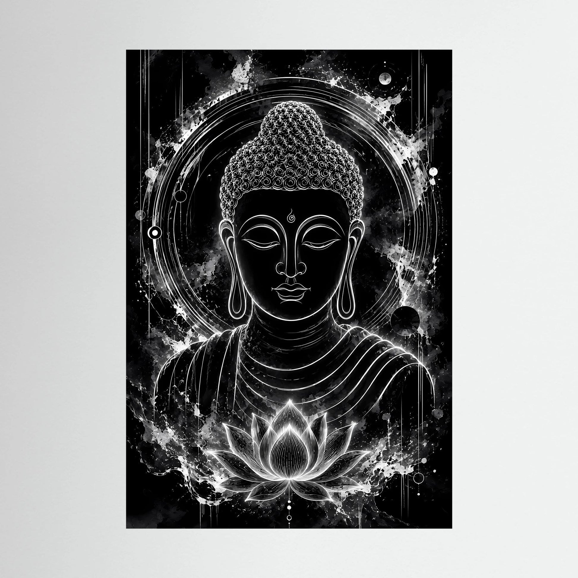 Schwarz-weißes Poster mit Buddha-Kopf, Aura-Halo und Lotus-Emblem