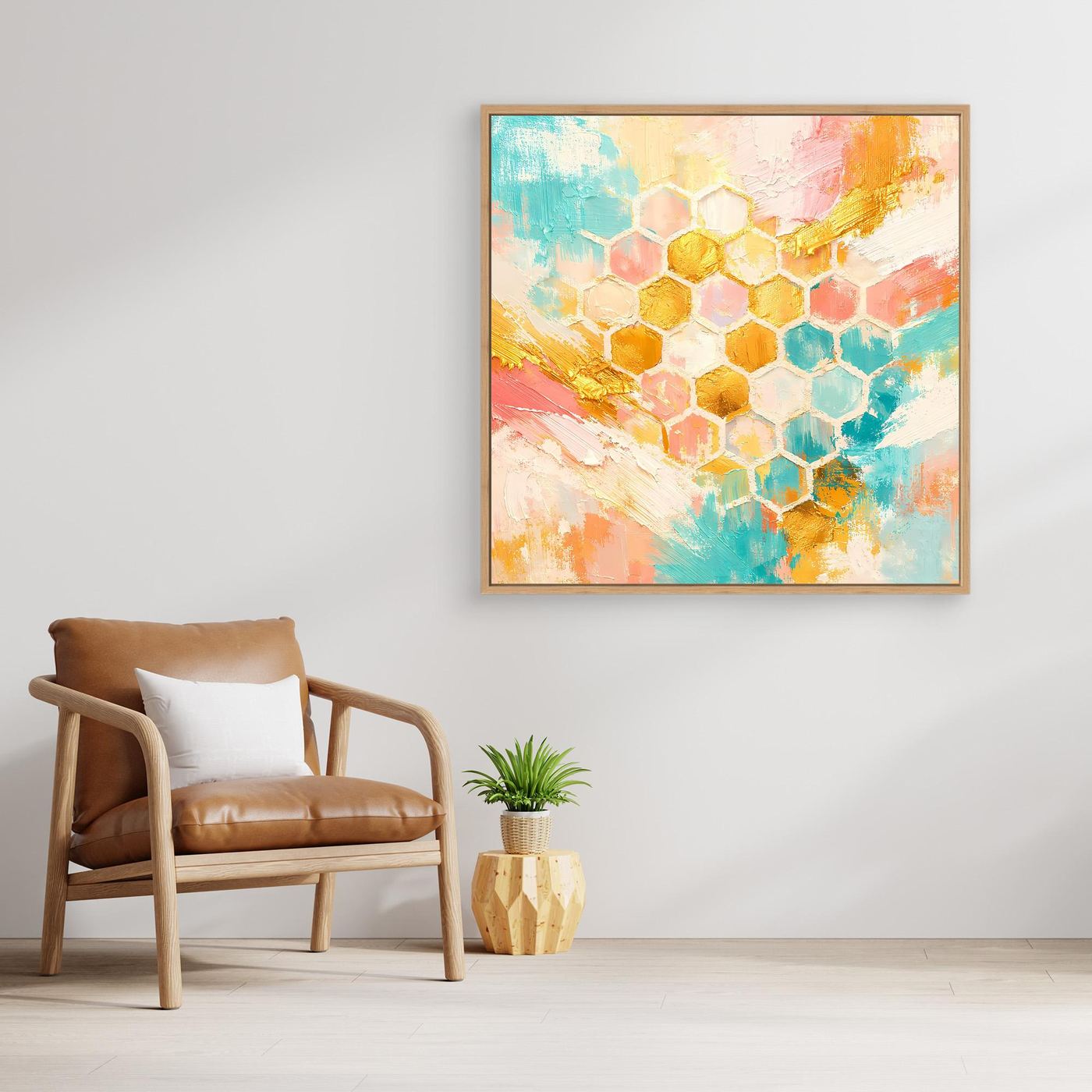 Abstraktes Leinwandbild Bienenwabe Pastell mit goldenen Akzenten, Holzrahmen