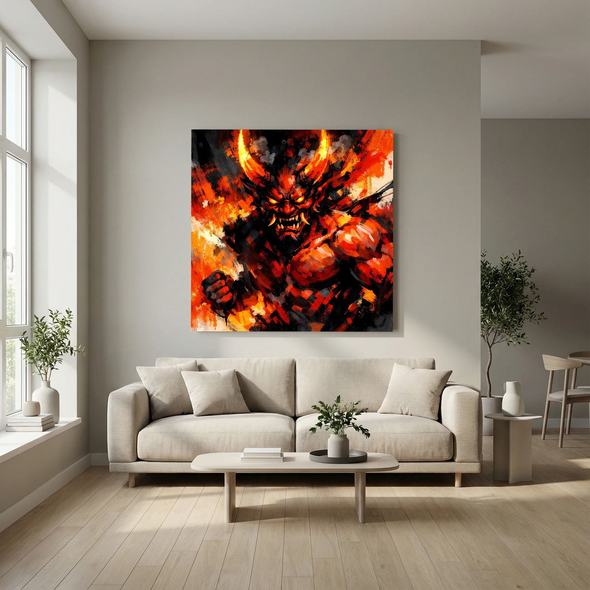 Gerahmtes Leinwand-Wandbild mit Oni-Dämon: orange Feuer und schwarze Strahlenformen
