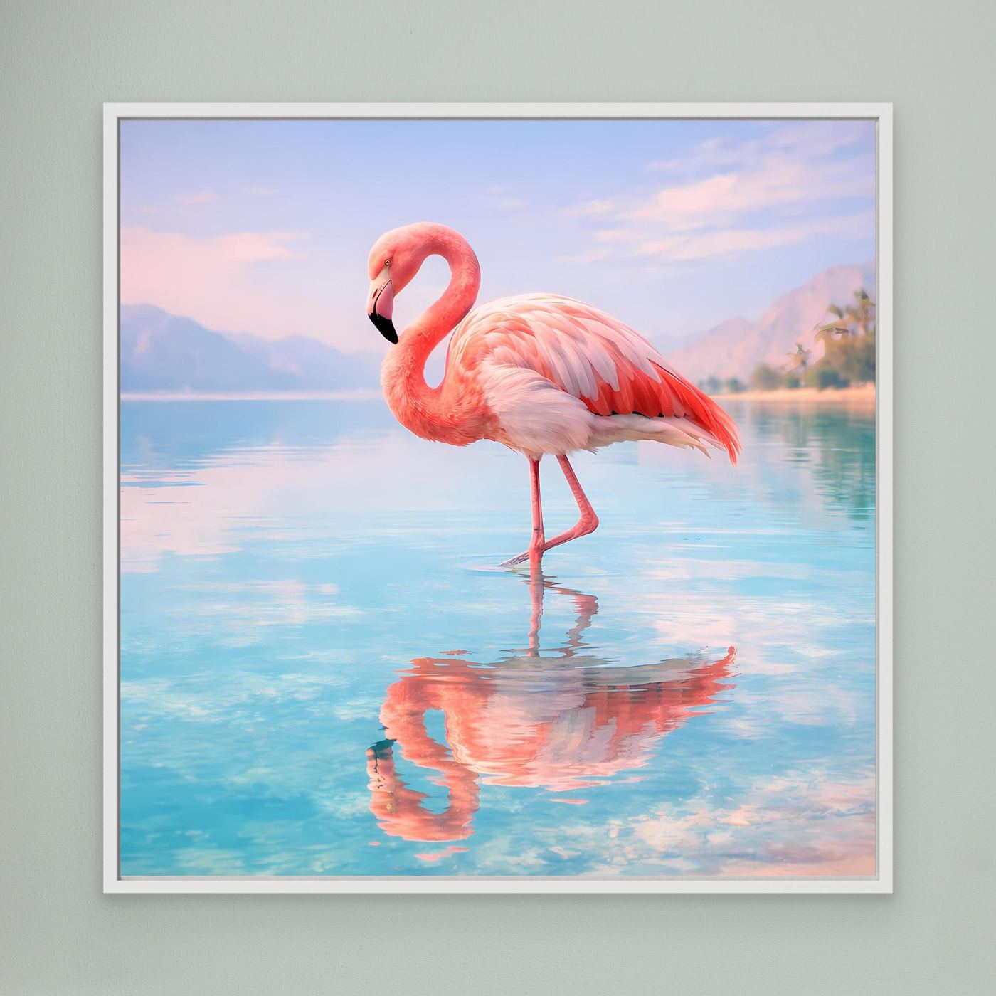 Wandbild: Flamingo am See mit Spiegelung, weißer Rahmen