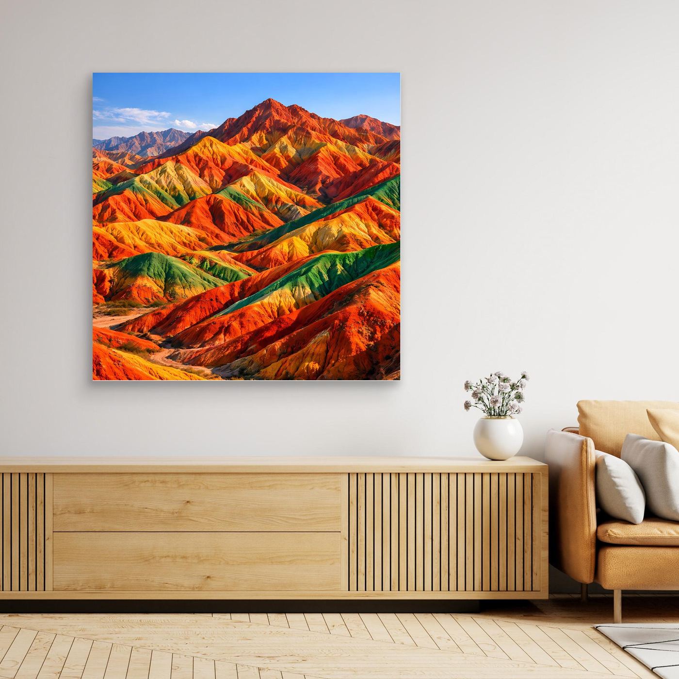 Leinwandbild Regenbogenberge mit bunten Felsbändern, Landschaftsformat, schwarzer Rahmen